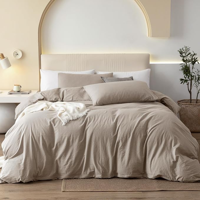 JIYUAN Oversized Queen Duvet Cover Set, 3-Piece - 100% Washed Cotton, Linen-Like Soft & Breathable with Zipper Closure, Includes 98x98 Inch Cover & 2 Pillowcases, Heathered Tannish Linen Grey