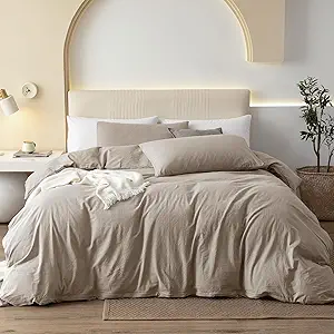 JIYUAN 100% Washed Cotton Duvet Cover Set 3 Pieces Queen, 1 Duvet Cover 90x90 Inches(Comforter Not Included) and 2 Pillowcases,Linen Feel Bedding Set Comfy and Breathable, Heathered Tannish Linen Grey