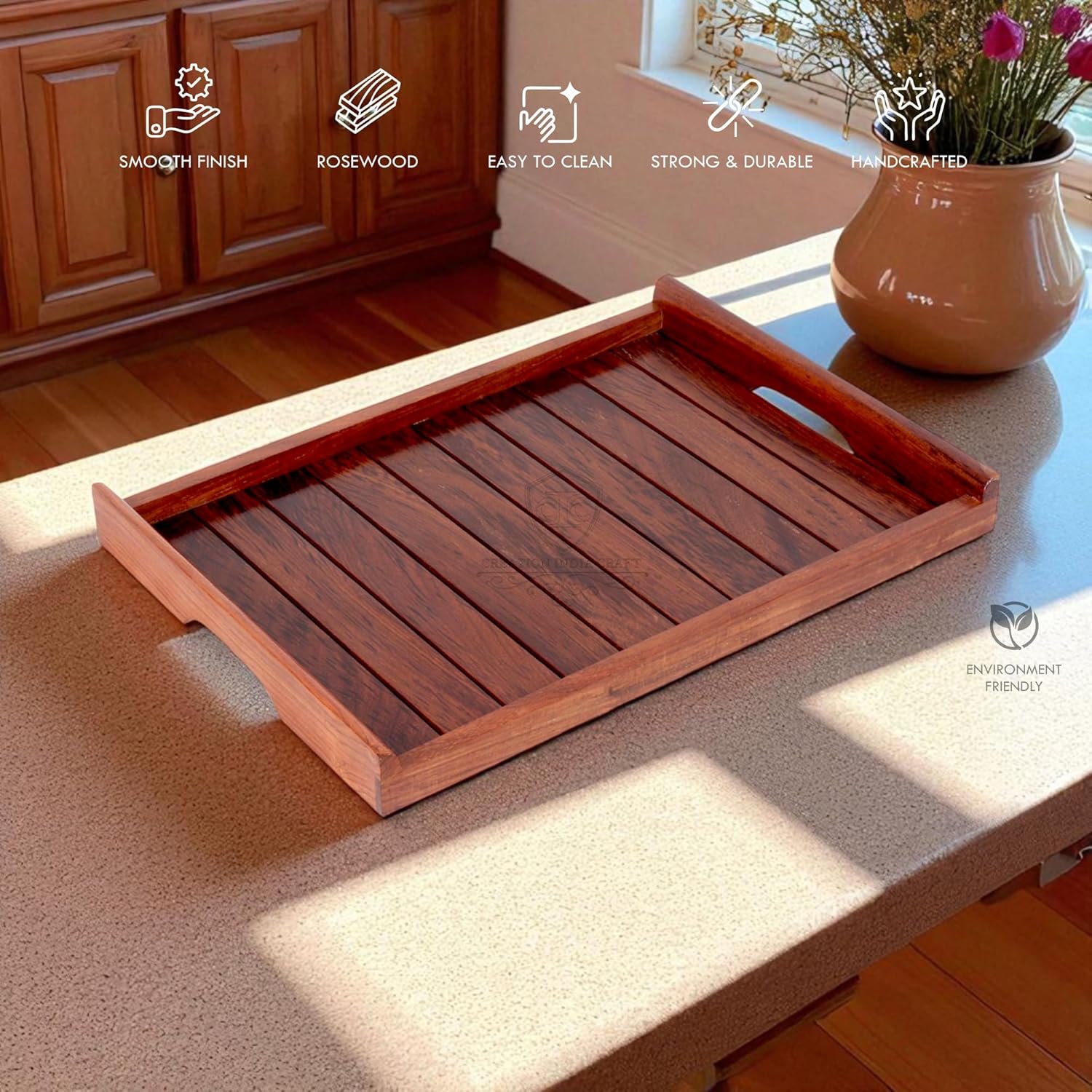 Handmade Decorative Nested Wooden Serving Trays for Home Kitchen & Dinnig Table Breakfast Coffee Butter Serving Table Decor, Gifts, Standard Brown (14x10x1.5 inch)