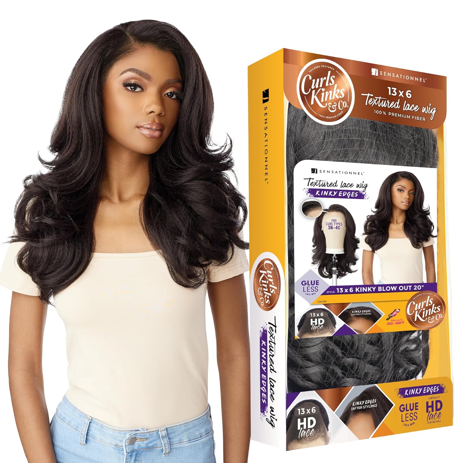 Sensationnel Curls Kinksandco Kinkyedges Wig - Kinky Blow Out 20 Inch 13X6 Lace Frontal Natural Kinkytexture Edged Hairline for Natural 3C to 4C Hair Textures (2 DARKBROWN)