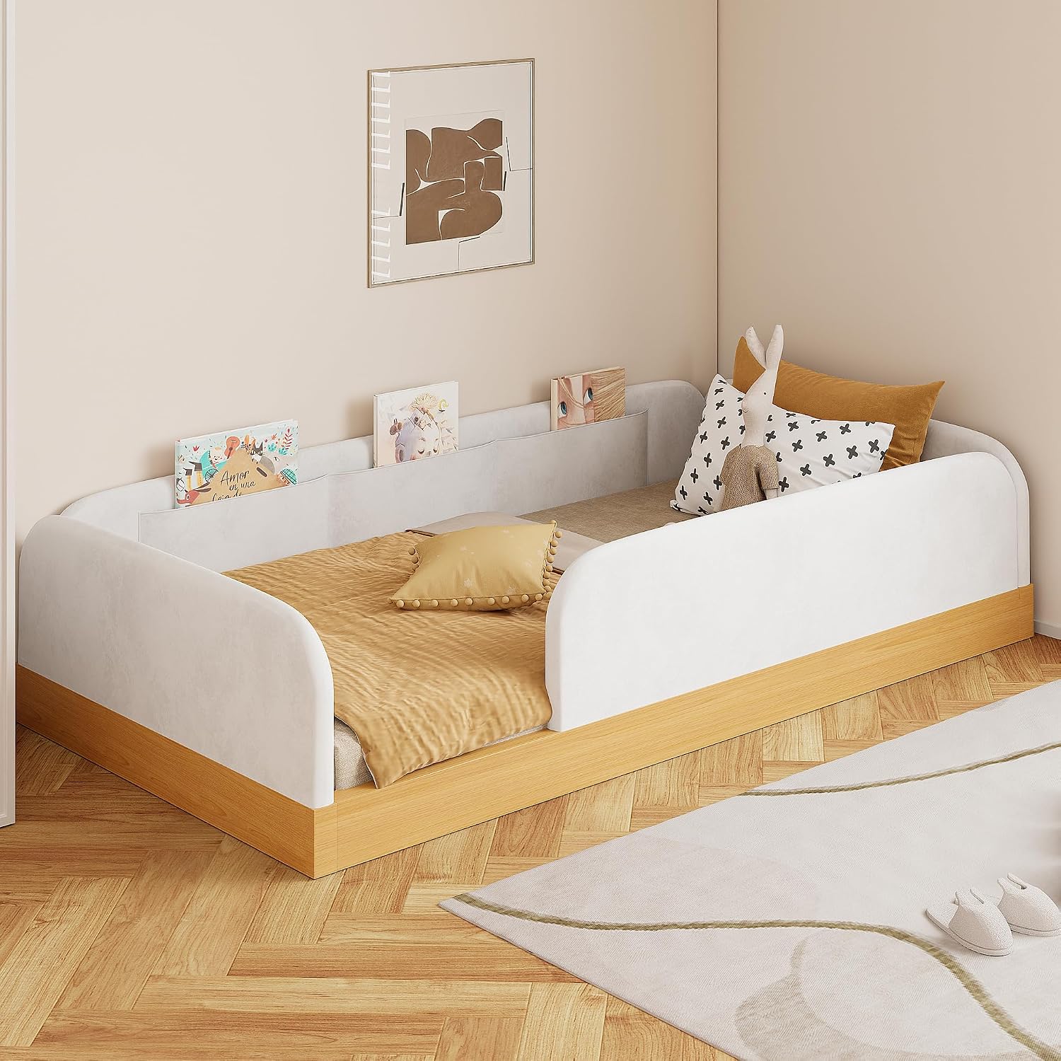 Twin Size Upholstered Floor Bed with Storage Bags, Velvet Soft Montessori Bed with Guardrail and Slat for Kids Boys Girls, Low Grounded Daybed, White+Natural