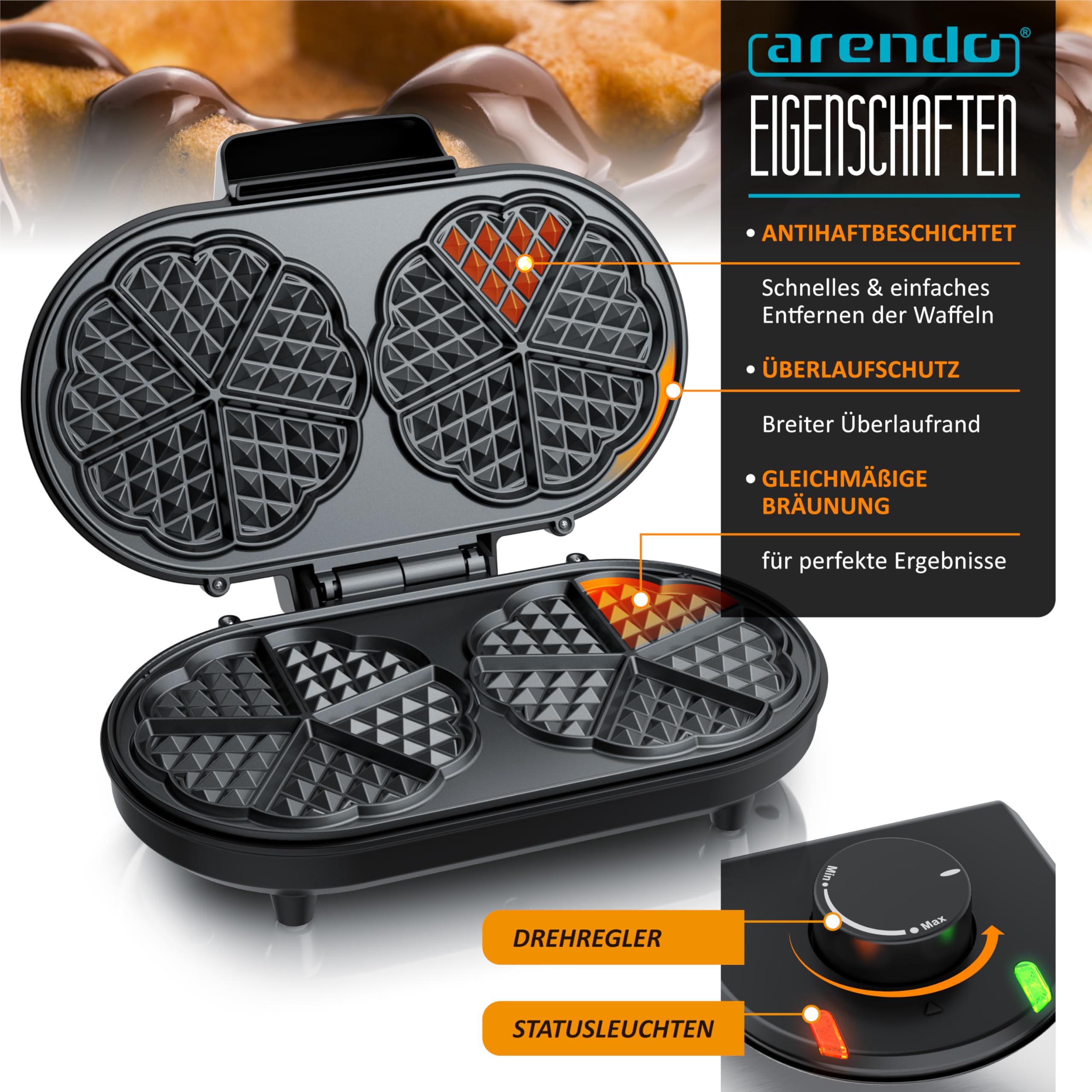 Arendo - Waffeleisen doppelt - Herzform – 1000 Watt – Waffel Maker – antihaftbeschichtet – Herzwaffeln – Temperaturregler - Waffelbackgerät