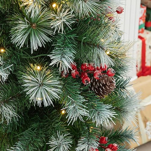 Miniatura 7 de Glitzhome 1 árbol de Navidad artificial de pino preiluminado, árbol de Navidad de 4 pies con 80 luces blancas cálidas, piñas y bayas rojas para el