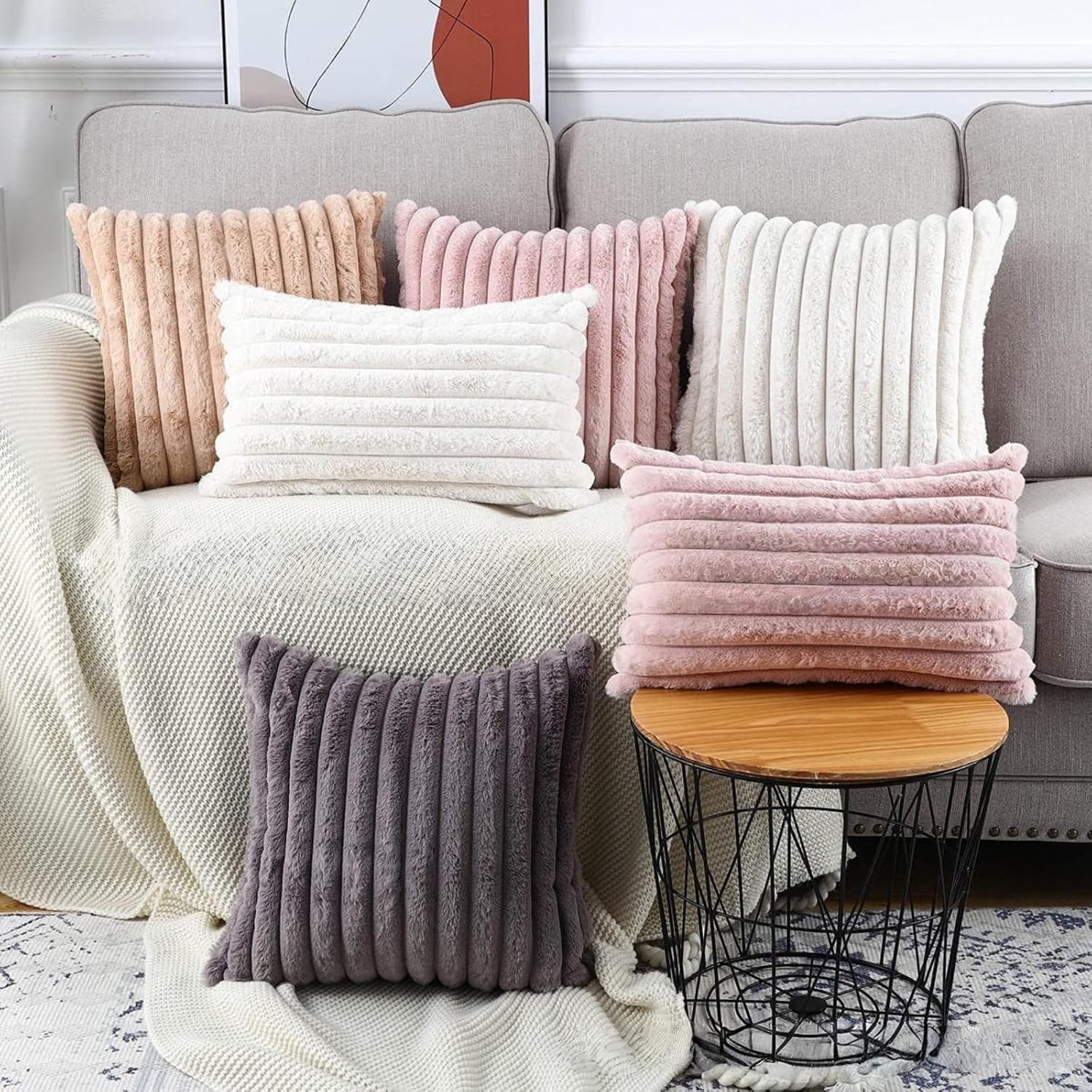 2Pcs 18x18 Inch Faux Fur Striped Pillow Covers – Luxury Soft Fluffy Decorative Cases with Velvet Back, Blush Pink Home Decor for Sofa, Couch, Bed, Living Room & Fall - Image 5