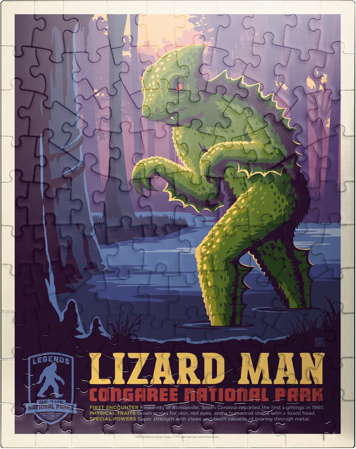 MyPuzzle Legends of The National Parks: Congaree's Lizard Man, Vintage Poster - Premium 1000 Piece Jigsaw Puzzle for Adults