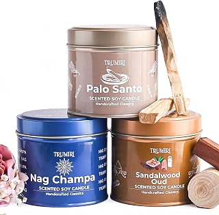 Palo Santo, Nag Champa, Sandalwood Oud - Soy Candles Non Toxic - Highly Scented Long Lasting with Essential Oils - Variety Pack of 3 x 5oz - for Home Aromatherapy Meditation Gift Travel
