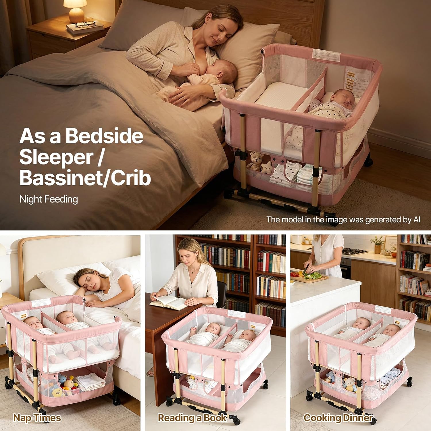 Twin Bassinet for 2 Babies, Double Bassinet for Twins, Rocking Bassinet with Wheels and Storage Basket, Full-Mesh Sides, 5-Height Adjustable, Portable and Stable Baby Crib for Newborns (Standard Pink)