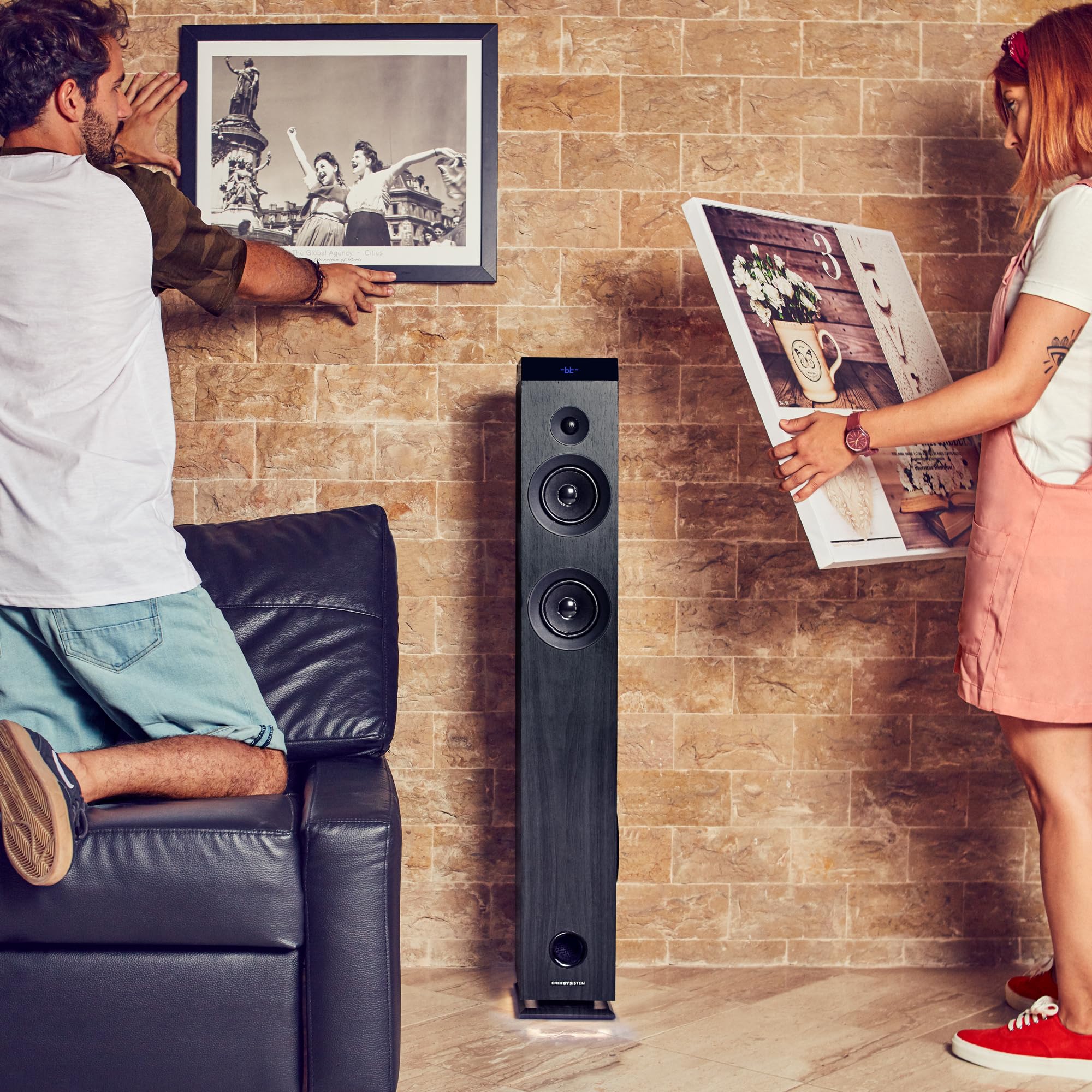 Energy Sistem Tower 7 100 W True Wireless Sound Tower z wyświetlaczem światła otoczenia, USB/MicroSD, Bluetooth, FM - czarna