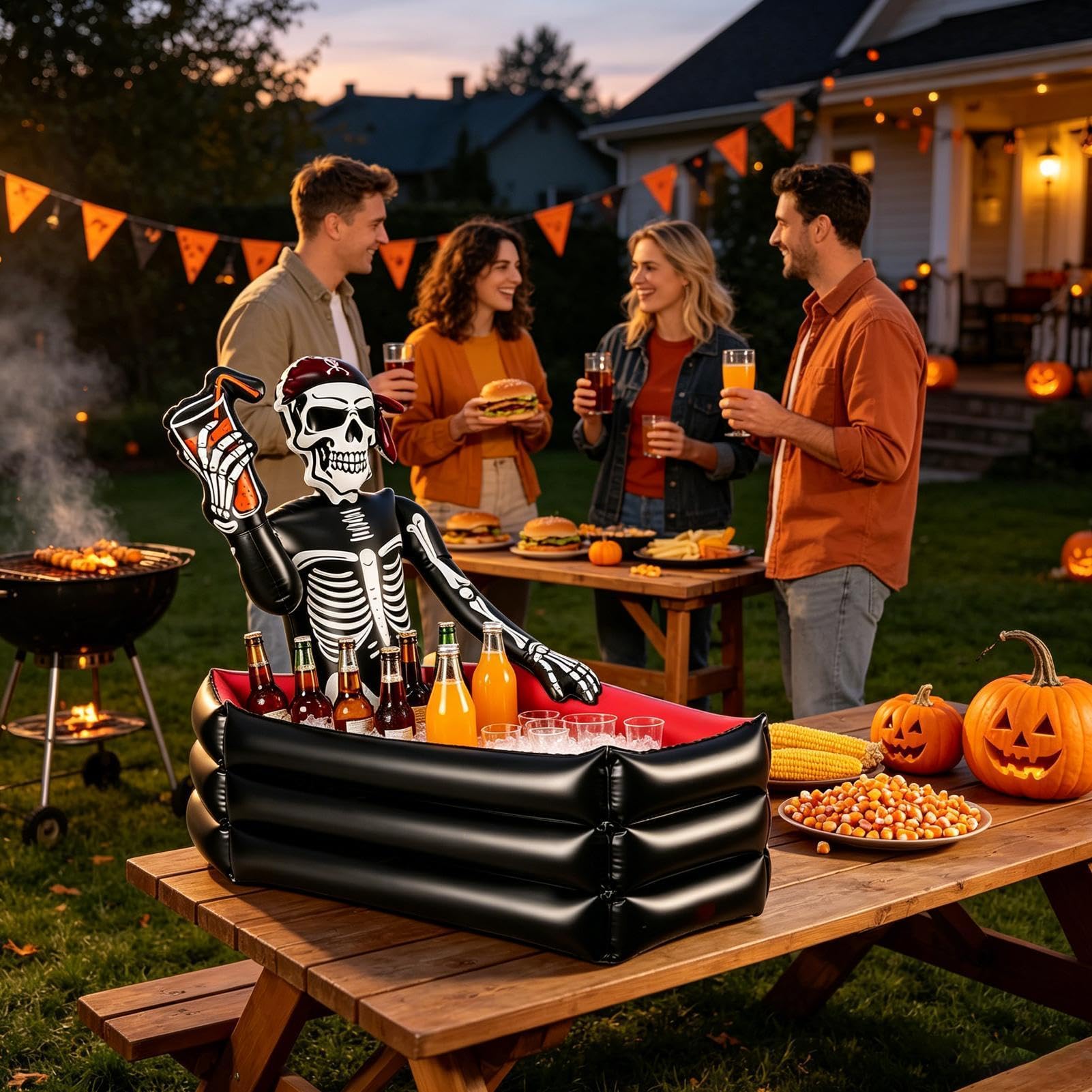 Halloween Aufblasbarer Kühler - 35 Zoll Schädel Sarg Eiskübel | Party Decor Große Kapazität Getränkehalter mit Skelett | Indoor Outdoor Garten Terrasse Pool Kühler 1000g 90x60x90cm Wiederverwendbar
