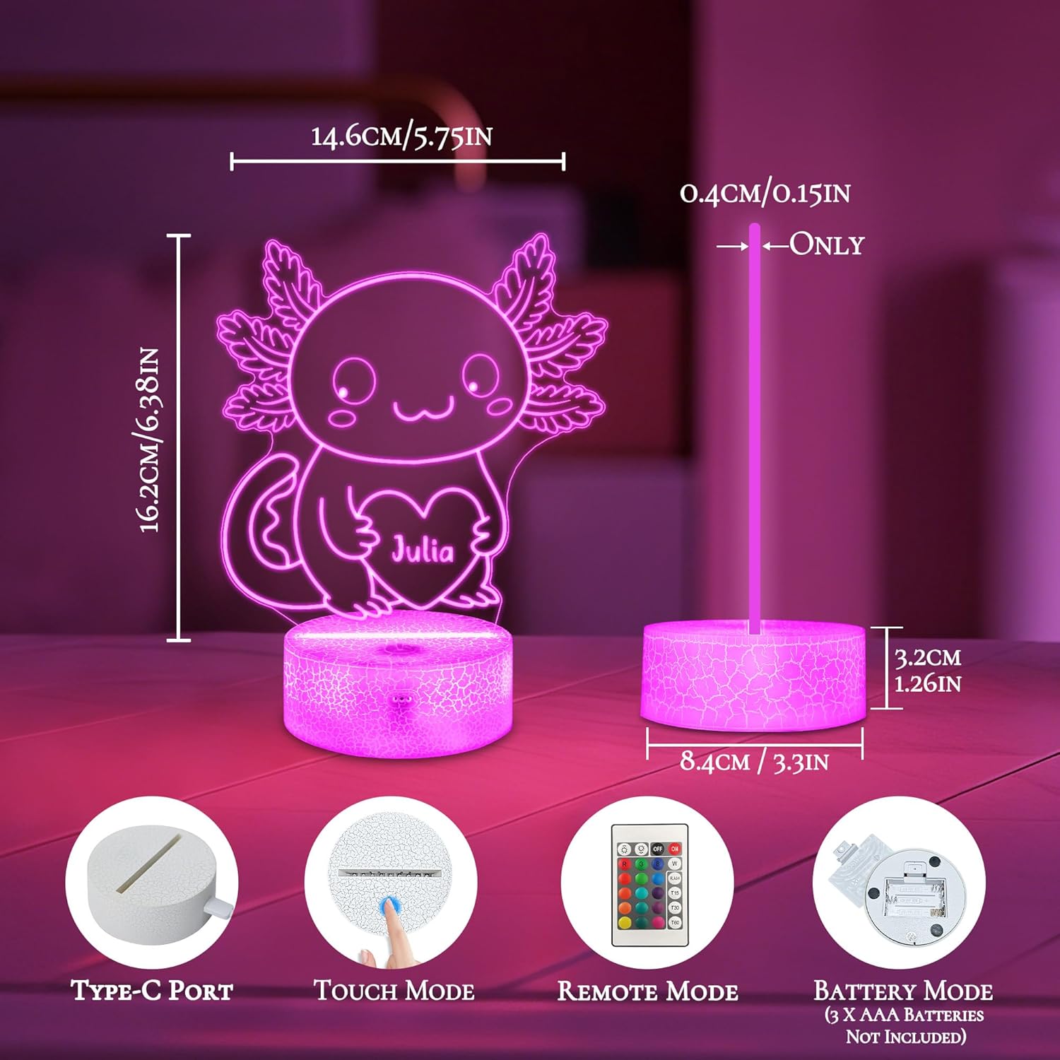 Personalized Axolotl Night Light, Salamander 3D Illusion Lamp Engraved Name Letter with Remote, Kids Bedroom Decor Multicolor Custom Desk LED Lamps, Xmas Holiday Birthday Gifts for Girls Boys