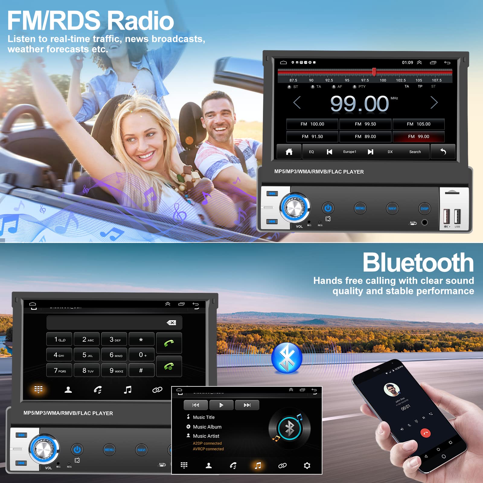 CMAECHO Autoradio 1 DIN Mit 7 Zoll Ausfahrbarem Display, Wireless Apple Carplay & Android Auto, Bluetooth, Rückfahrkamera - Für Besseren Sound & Navigation