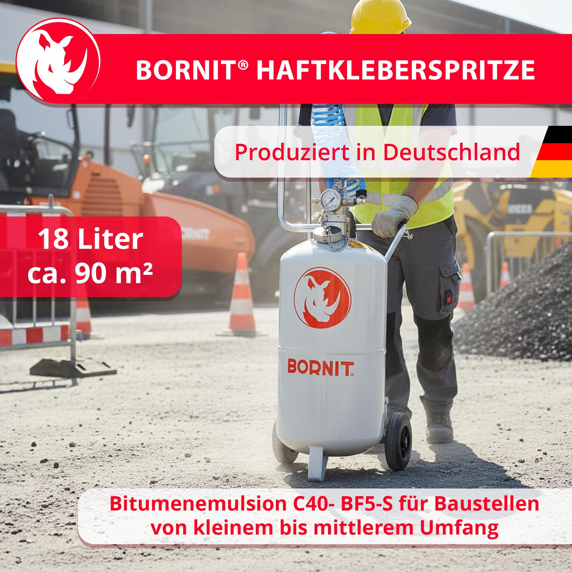 BORNIT Profi Haftkleber Spritze, Sprühen von Bitumenemulsion[ca.90m²/Fllg.] | 5m Spiralschlauch Sprühflasche groß Drucksprüher spritzen Pumpsprühflasche Tiefbau Pumpsprüher