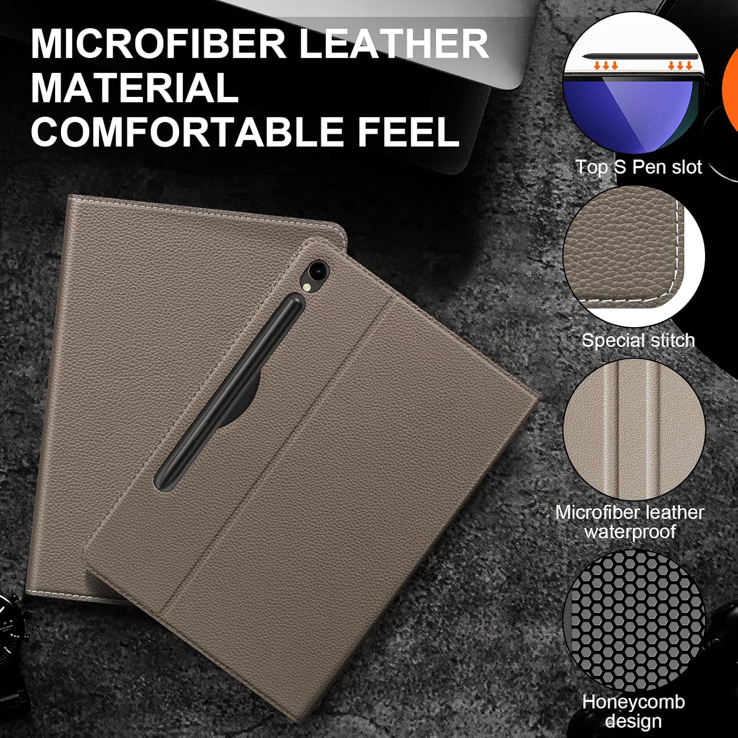 Leather Case for Samsung Galaxy Tab S9/S9 FE 11 Inch with Pencil Holder,Shockproof Protective Adjustable Kickstand Smart Premium Folio Flip Tablet Cover, Gray Brown