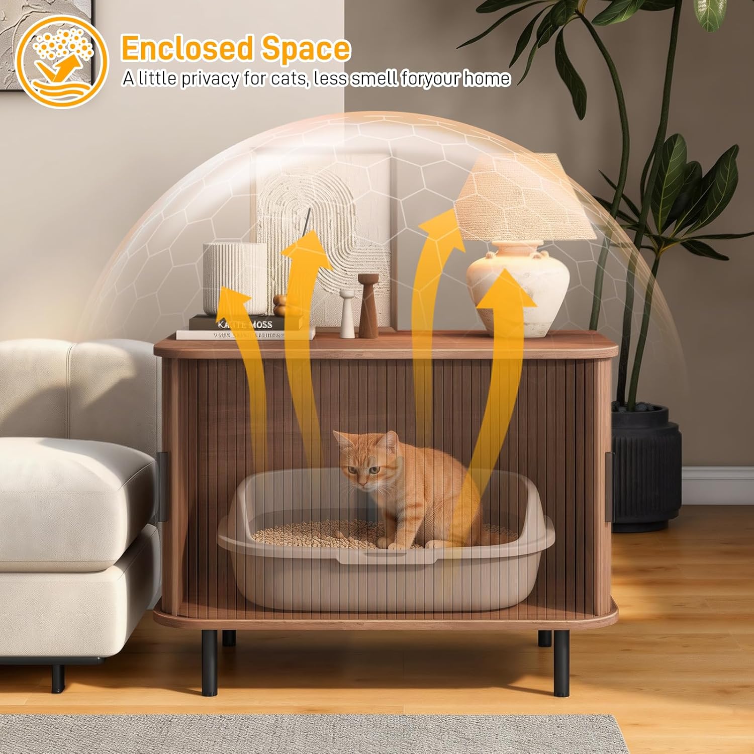 Cat Litter Box Enclosure, 31.5" Hidden Litter Box Cabinet with Sliding Doors, Indoor Cat Washroom House TV Stand End Table, Entryway Bench in Walnut