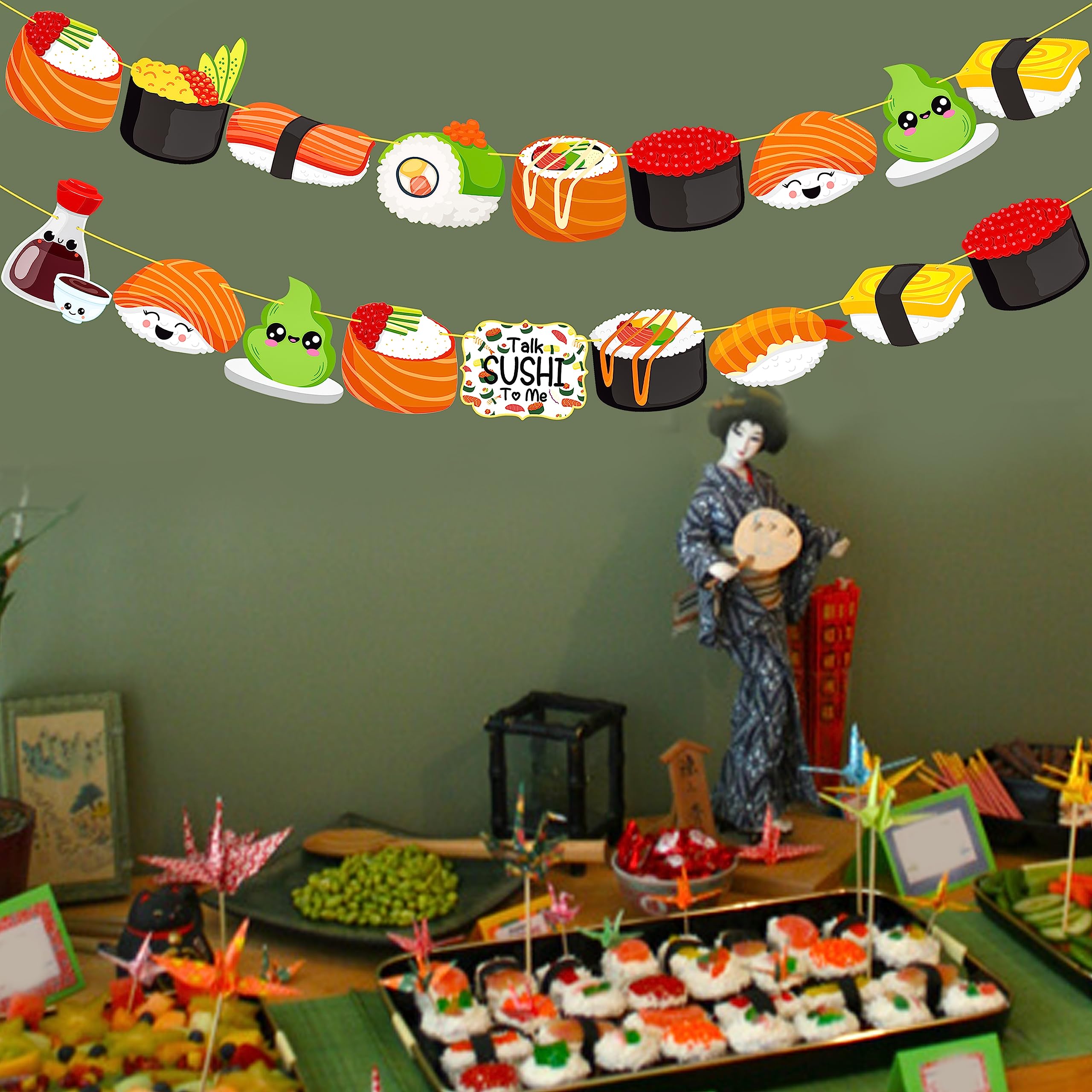 Guirnalda de sushi 2 piezas Let's Roll Sushi Fiesta de Cumpleaños Pancartas recortadas para decoración de fiesta de sushi para temática japonesa, suministros de baby shower 6