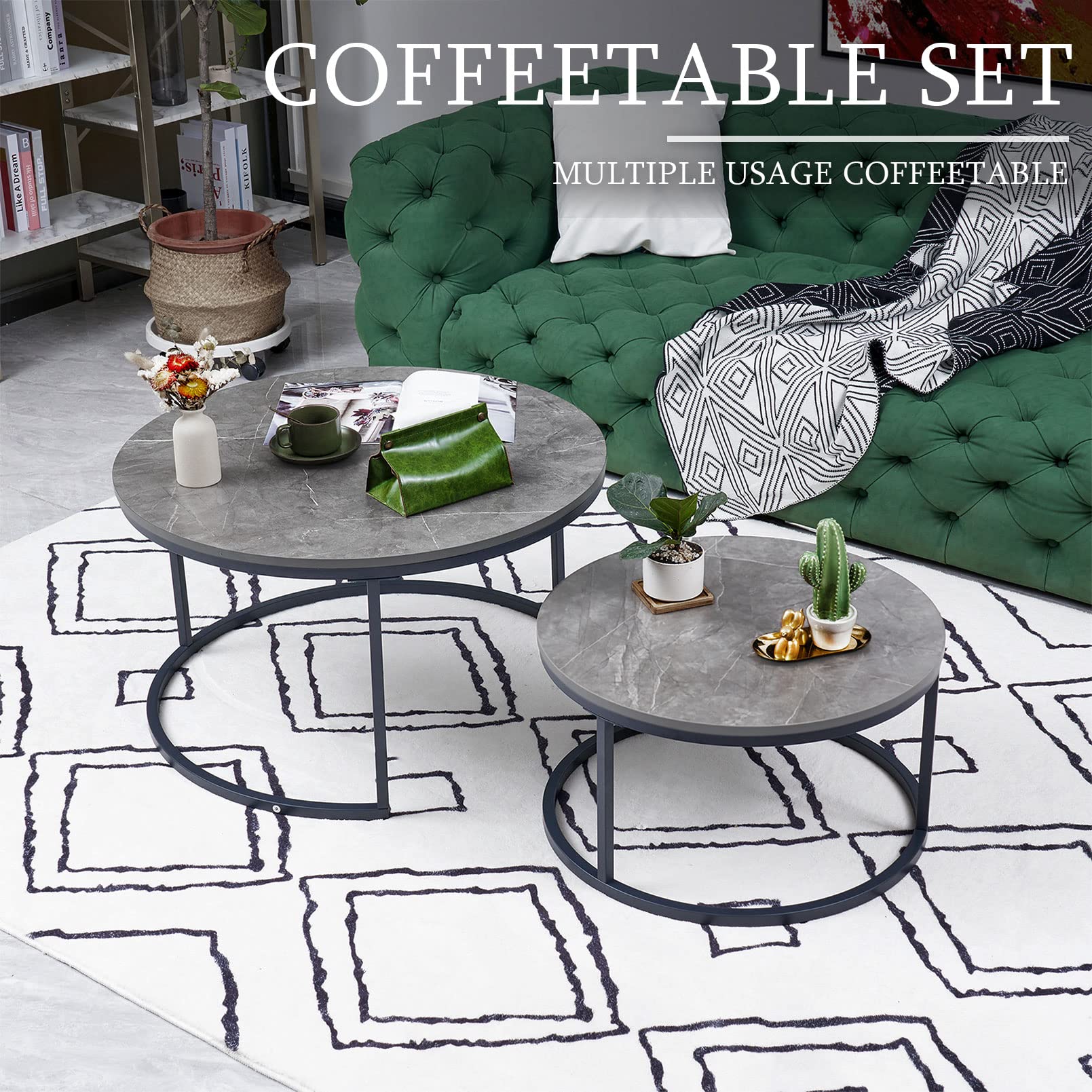 Couchtisch Rund 2er Set, Grau Marmor Couchtisch mit Grau Metallgestell, Beistelltisch Rund, Wohnzimmertisch Modern, Satztische fürs Wohnzimmer Schlafzimmer Balkon