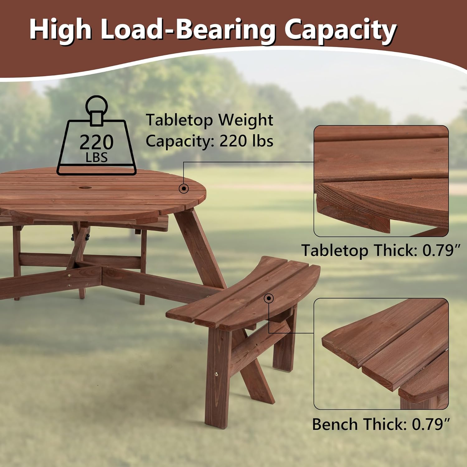 6 Person Outdoor Picnic Table, Wooden Picnic Tables with 3 Built-in Benches Table and Chairs Set with Umbrella Hole Outside Table and Bench Round Picnic Table Patio Tables for Garden, Backyard, Porch