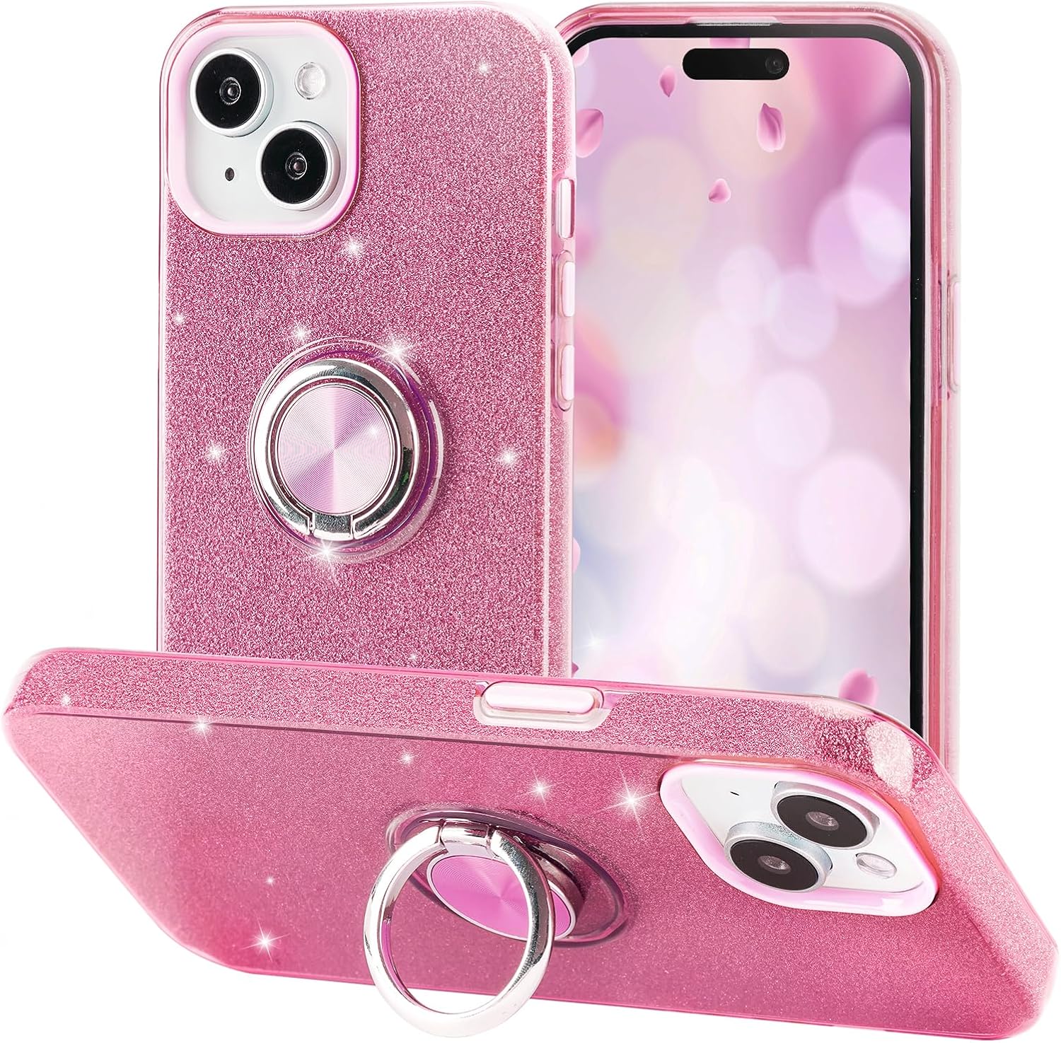 Wisdompro Case for iPhone 15, for iPhone 14, for iPhone 13, Cute Glitter Bling Sparkle Protective Case with Ring Kickstand, Women Girls Phone Case for 6.1 Inch iPhone 15/14/13 - Pink - Image 2