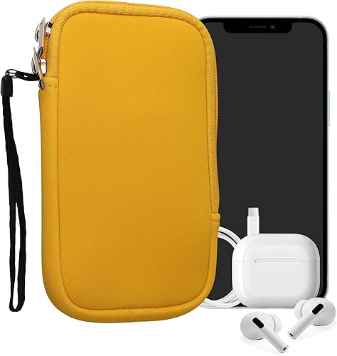 Miniatura 12 de kwmobile Bolsa de neopreno para teléfono tamaño XL - 6.7/6.8 pulgadas - Funda universal para celular con cremallera, correa para la muñeca, amarillo