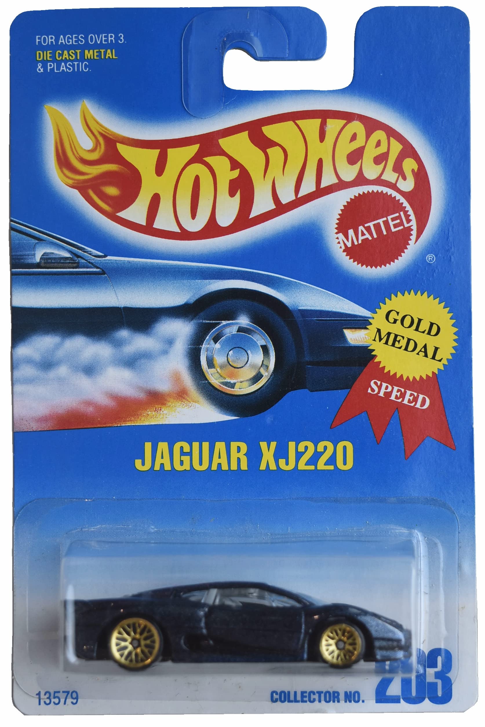 Hot Wheels Jaguar XJ220 diecast model in dark blue, viewed from the front-left angle, showcasing its sleek design and detailed wheels.