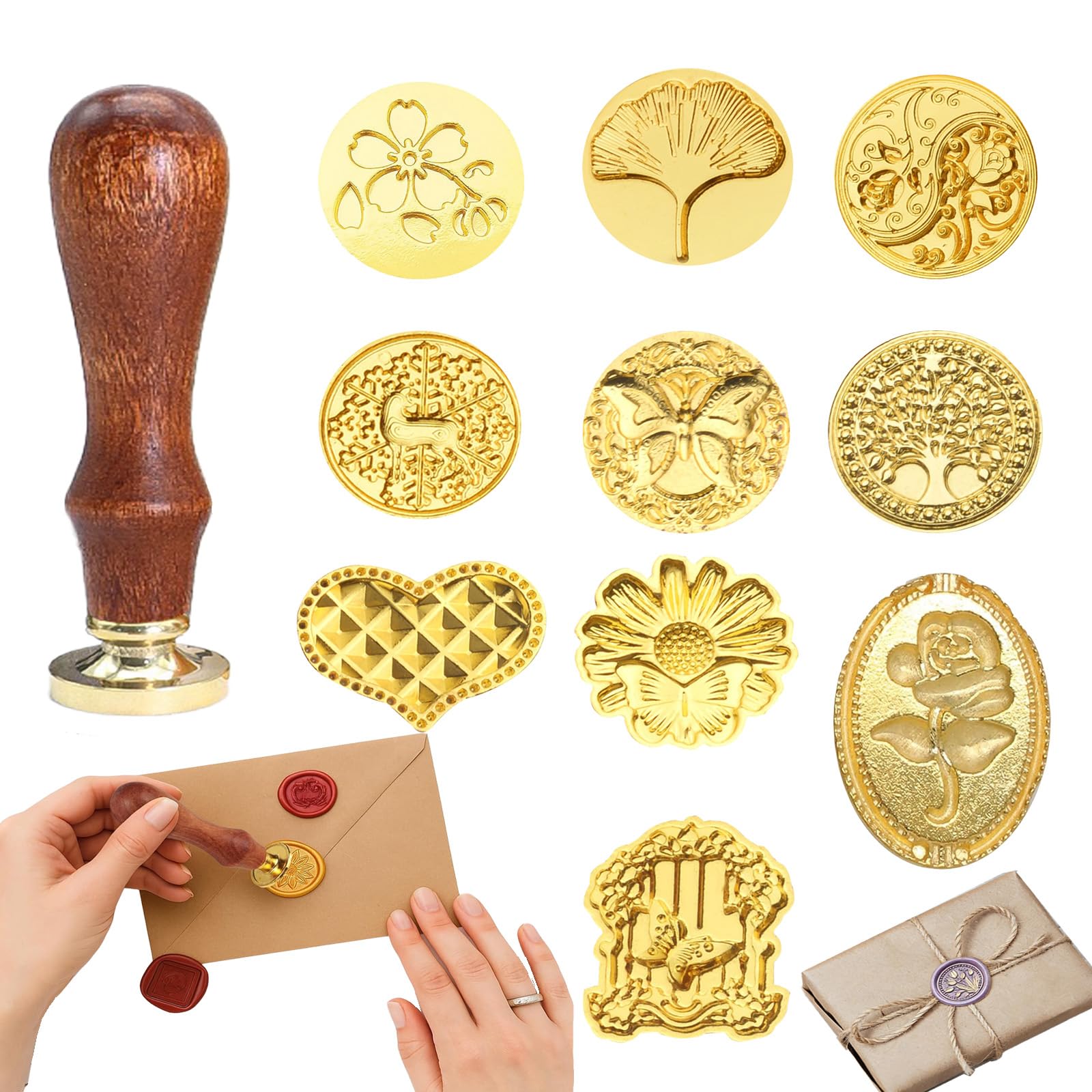 Juego de sello de cera multifuncional de 11 piezas, incluye 10 cabezales de metal grabados y 1 mango de madera, para invitaciones, cartas y proyectos de manualidades