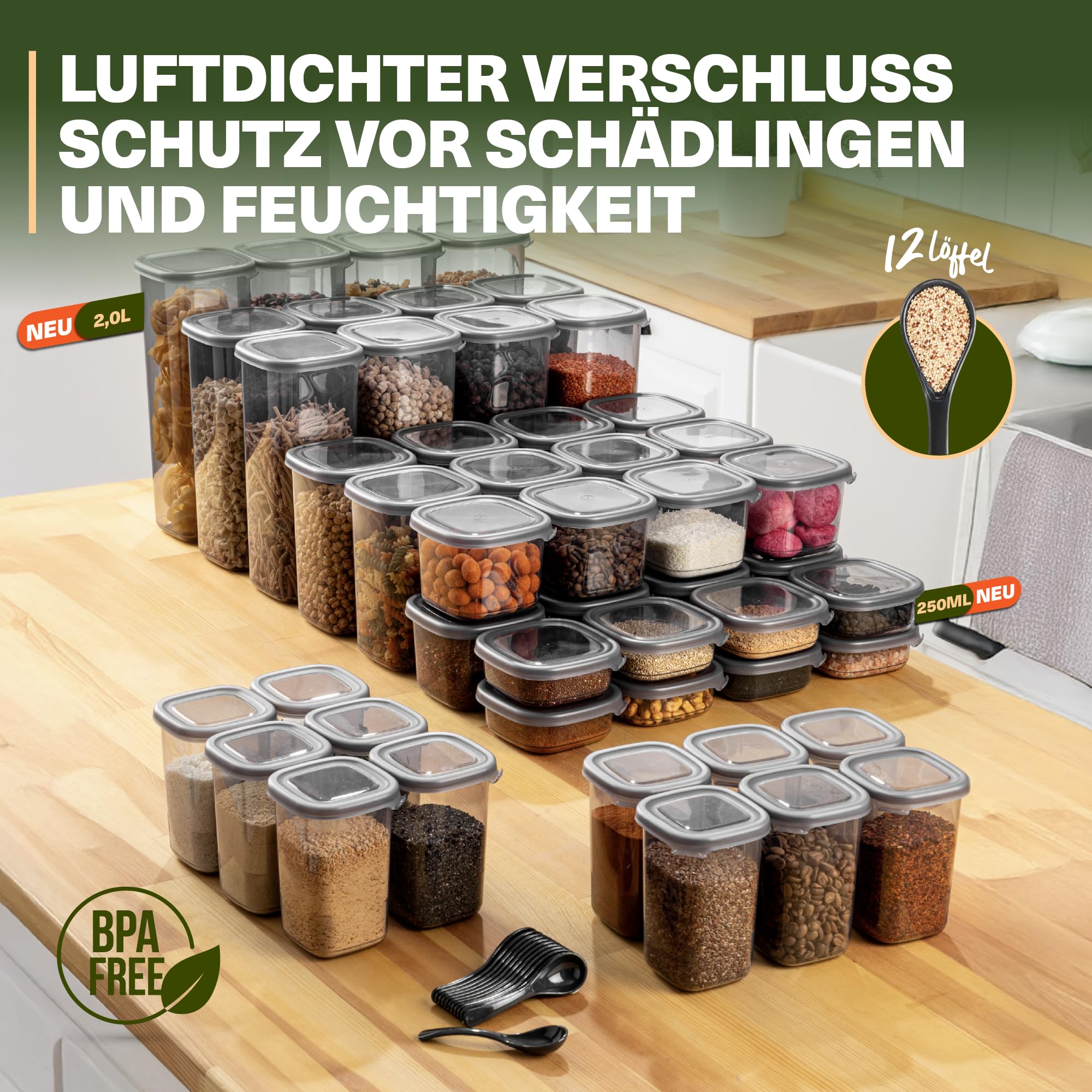 Viwares Contenitori con coperchio, ermetici, set da 48 contenitori senza BPA, per la conservazione della farina di cereali, cucina, pratico organizer da cucina, contenitori per alimenti