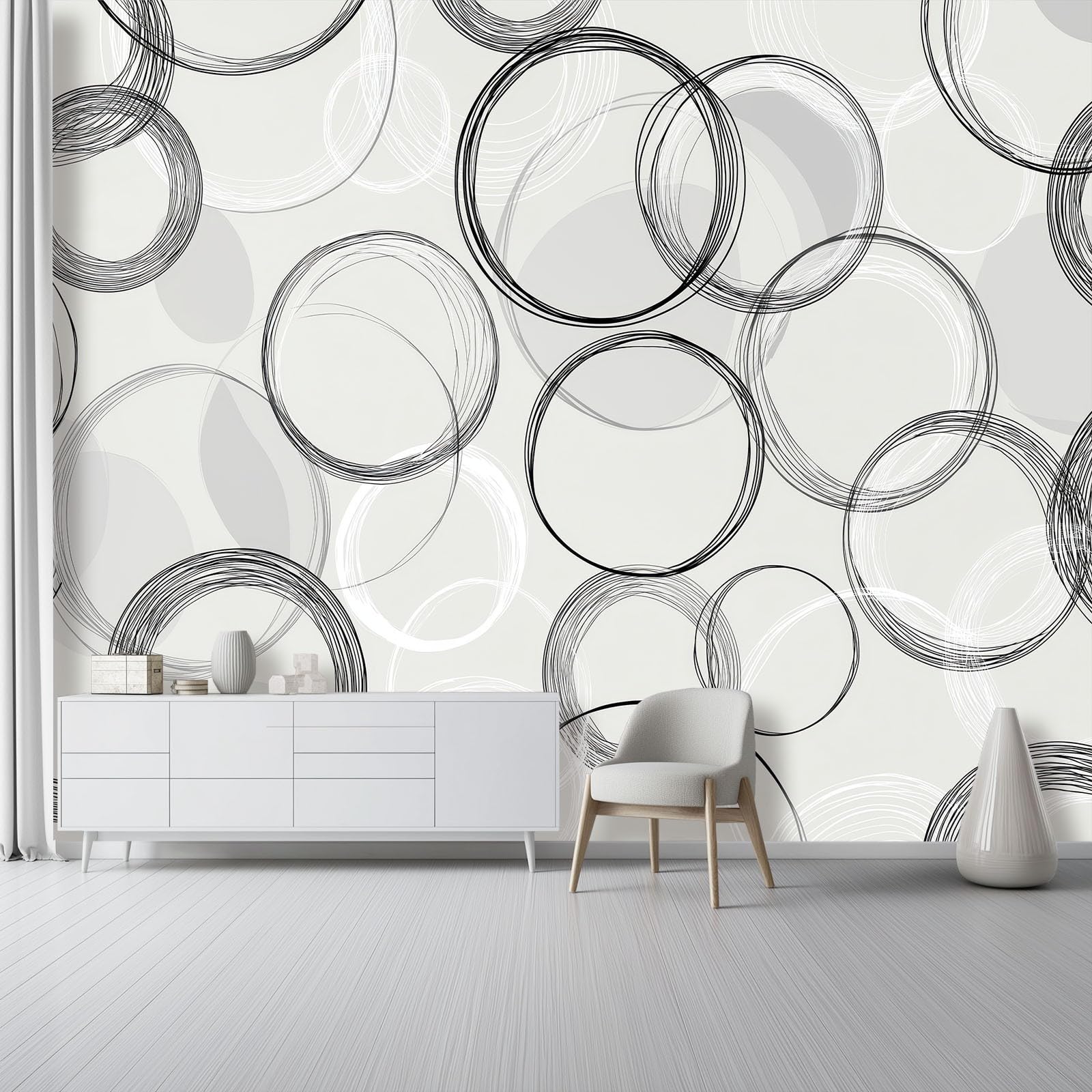 Fotomurales Círculos simples y líneas Papel pintado tejido no tejido decoración Pared decorativos 400 x 280 cm Sala Cuarto Oficina Salón Decoración Casa Gris Negro