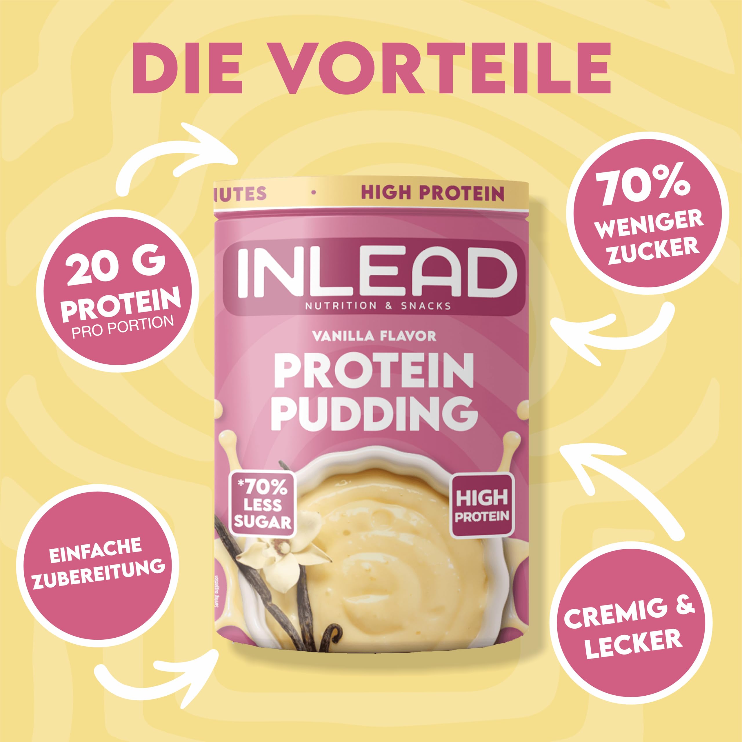 INLEAD - Protein Pudding - Schokolade | 20g Eiweiß pro Portion | 70% Weniger Zucker | Cremig & Lecker | Schnelle Zubereitung - Ideal für Fitness & Bewussten Genuss - 500g (Vanille - Vanilla)