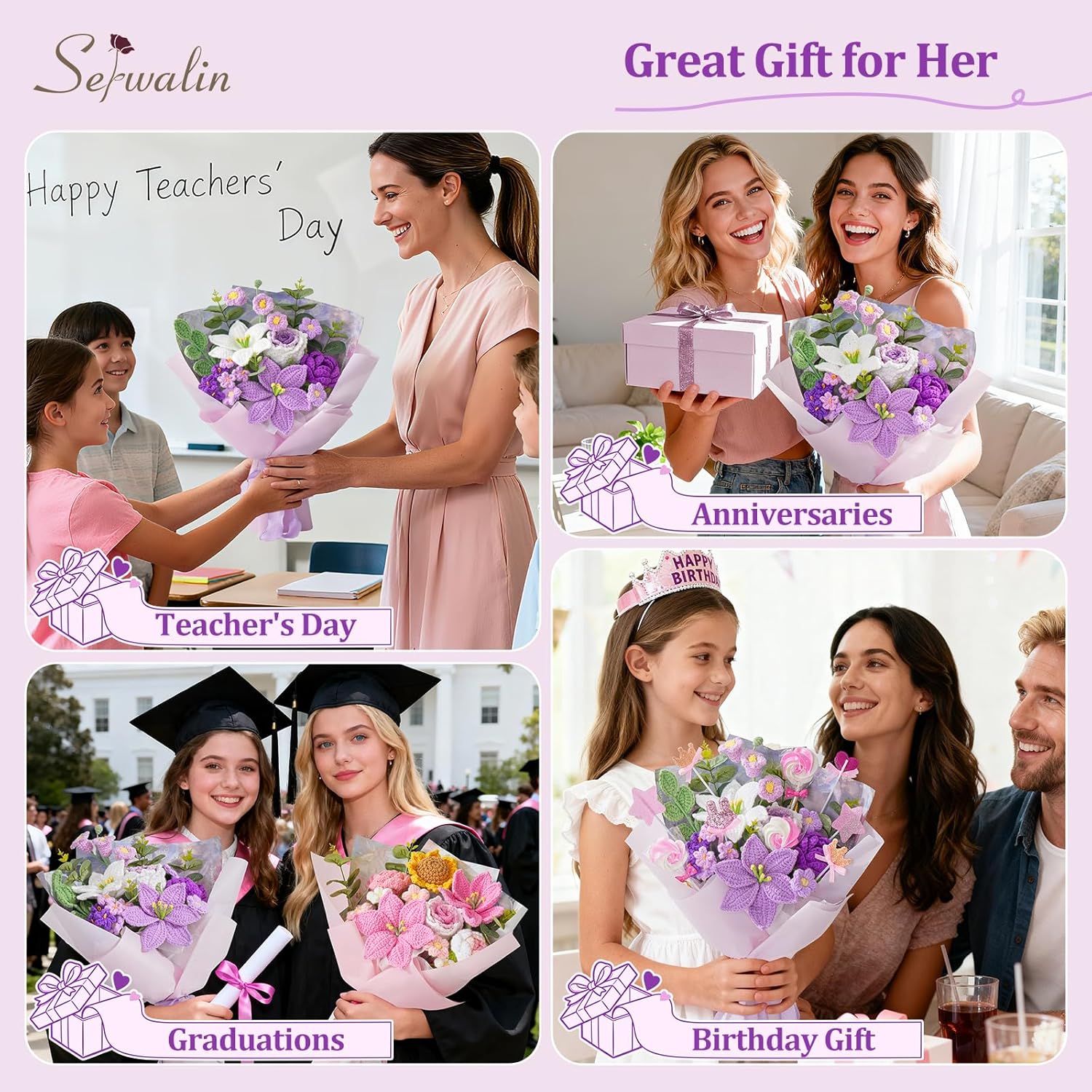 Serwalin Crochet Flower Bouquet, Purple Handmade Knitted Flowers, Liliy Roses Crochet Flowers for Lover Teacher Anniversary Birthday Mother's Day Graduation Gifts for Her,Girlfriend,Wife(Include Card) - Image 4