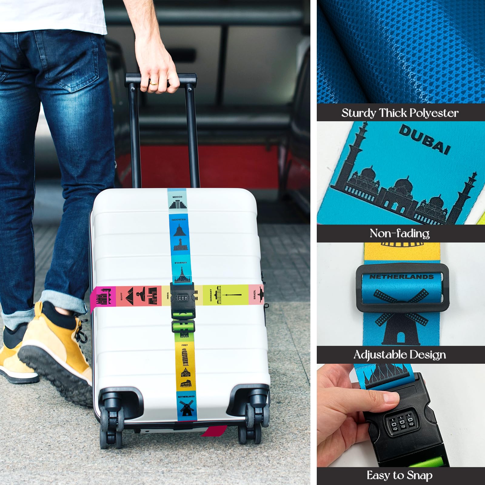 Lot de 4 sangles de bagage pour valises approuvées par la TSA – Vert fluo – Ceintures en nylon de qualité supérieure pour valise, porte-documents et sac de voyage – Longueur de Lot de 4 sangles de bagage pour valises approuvées par la TSA – Vert fluo – Ceintures en nylon de qualité supérieure pour valise, porte-documents et sac de voyage – Longueur de