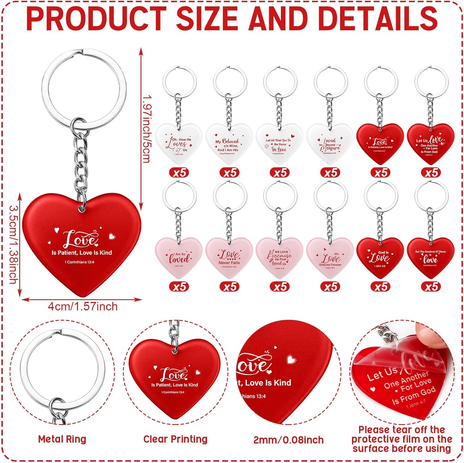 Tondiamo 60 Pcs Valentine Heart Christian Keychain Gifts Bulk Religious Pink Red White Valentine's Day Inspiring Quote Bible Verse Keychains Crafts for School Church Classroom Friends Gifts - Image 2