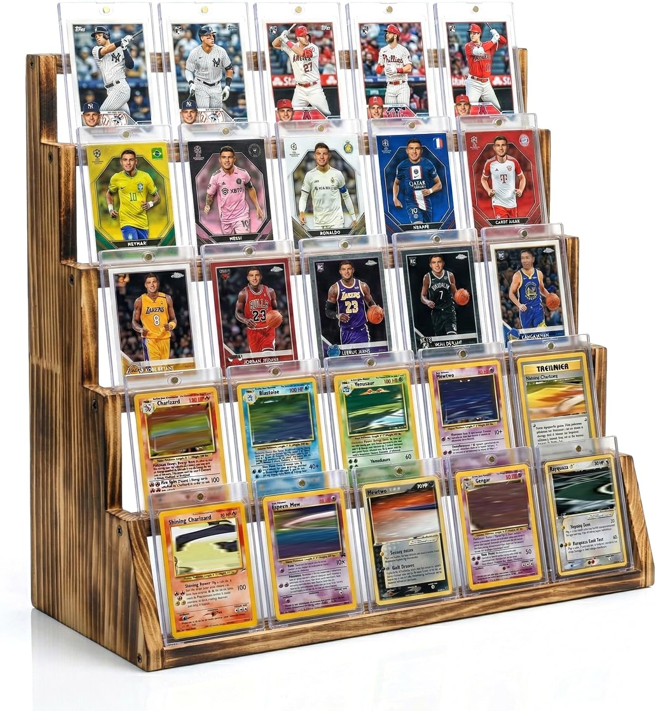 2 Pack 5 Tier Wooden Card Display Stand – Vertical Card Holder Display for Trading Cards, Game Cards, Sports Cards, Graded PSA/BGS/SGC, Baseball, Basketball&Football(Soccer) Card Stand, Desk & Shelf Organize,Black