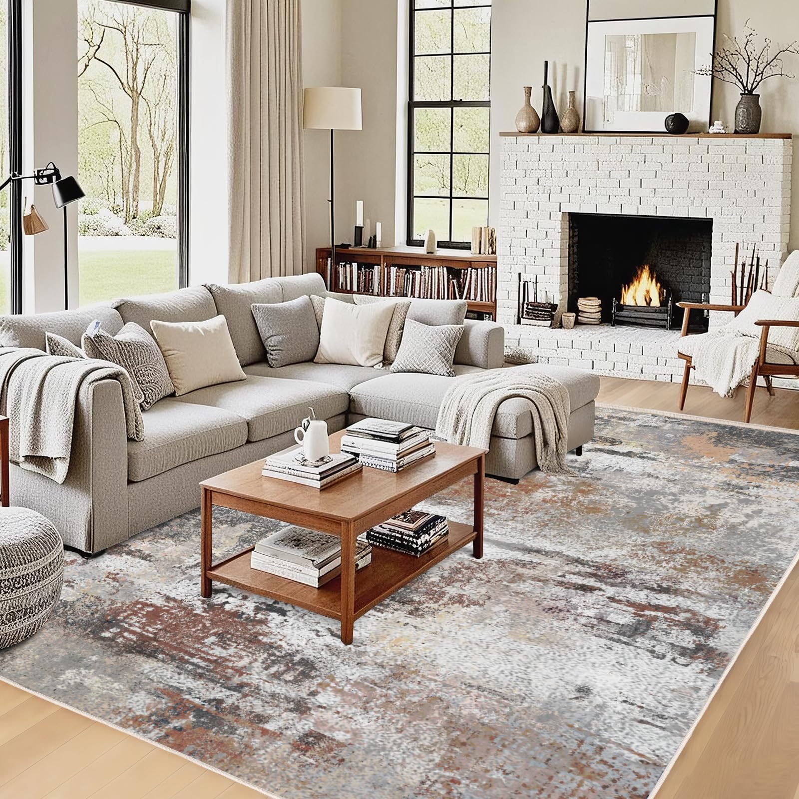 Teppich Wohnzimmer, Großer Teppich 160x230 Waschbar Kurzflor rutschfest Weich, Moderner Abstraktem Muster Teppiche für Schlafzimmer Kinderzimmer Büro Esszimmer, Grau Rost Beige