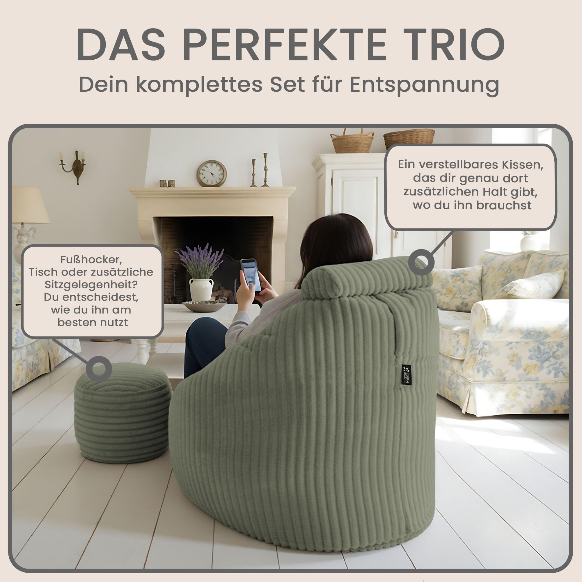 DreamRoots Sitzsack Erwachsene Cord, Sessel mit Hocker, Grün | Bean Bag Chair, Lesesessel, 92x70x100 cm, Kopfstütze & Aufbewahrungstasche, superweich, waschbarer Bezug, 420 g/m²