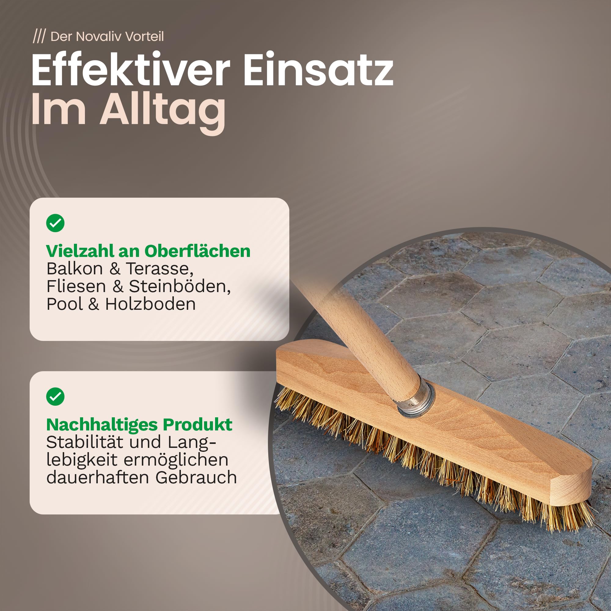 Novaliv 2 limpiaparabrisas de madera estable con cerdas de plástico con rosca y mango de madera | Cepillo de suelo Union | Ideal para limpiar balcón, terraza, jardín, interior y exterior