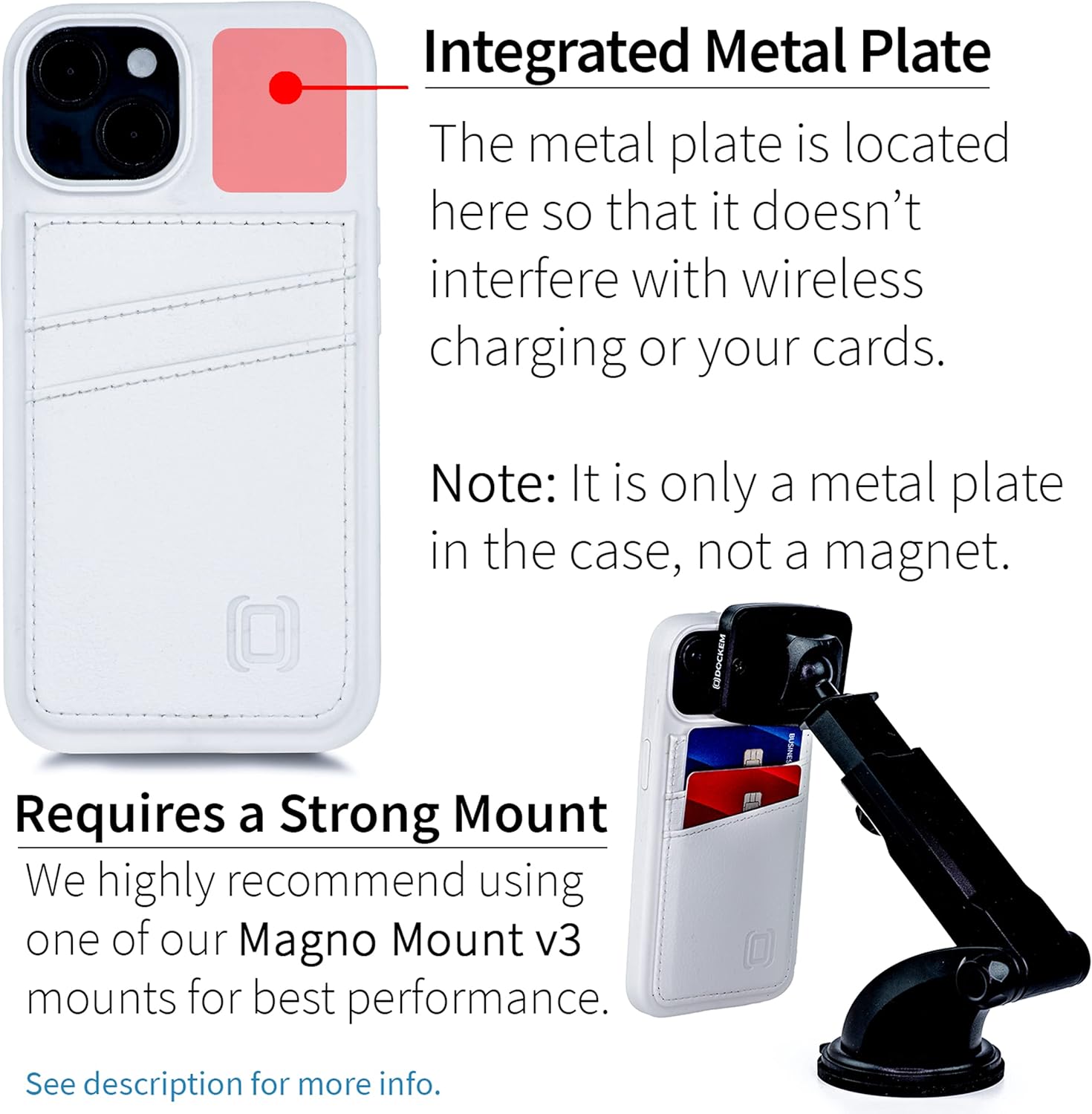 Dockem Card Case for iPhone 14 with Liquid Silicone Shell, Built-in Metal Plate for Magnetic Mounting & Stitched-on Wallet with 2 Premium Synthetic Leather Credit Card Slots (M2L, White)