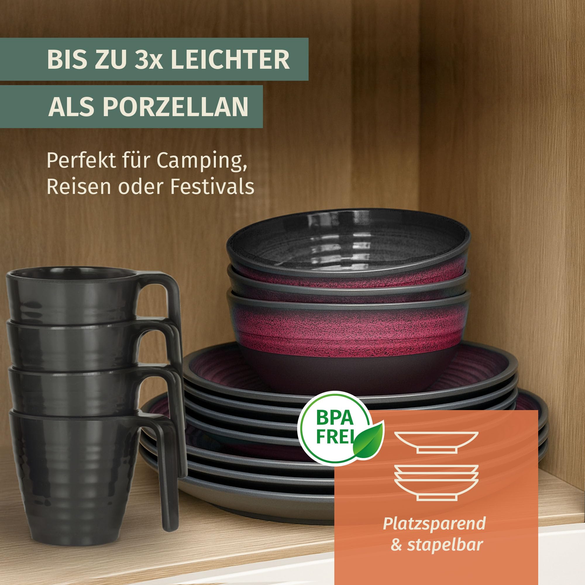 Vaisselle de camping en mélamine pour 4 personnes Rouge pierre + 4 tasses à café en pierre