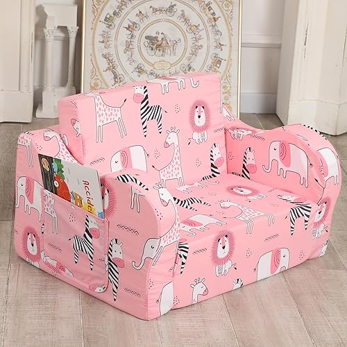 Miniatura 2 de Pink Kids Sofa, 2-in-1 Kids Couch Fold Out, Convertible Sofa to Bed for Girls and Boys Rosado,Astronaut,constellation,alfabeto dinosaurio,Festival