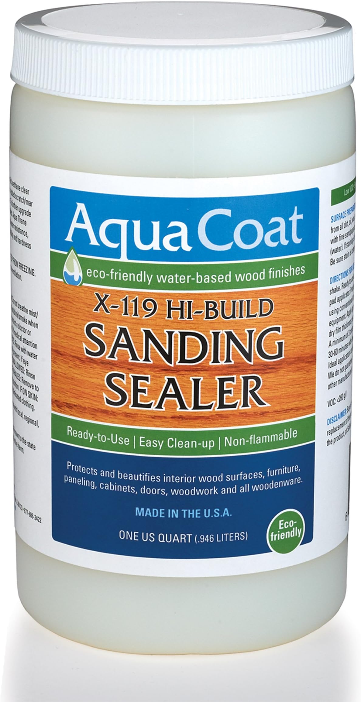 AquaCoat Aqua Coat, X-119 Sanding Sealer Hi-Build, Water Based, Low Odor, Fast Drying, Non-Toxic. Environmentally Safe. (Quart)