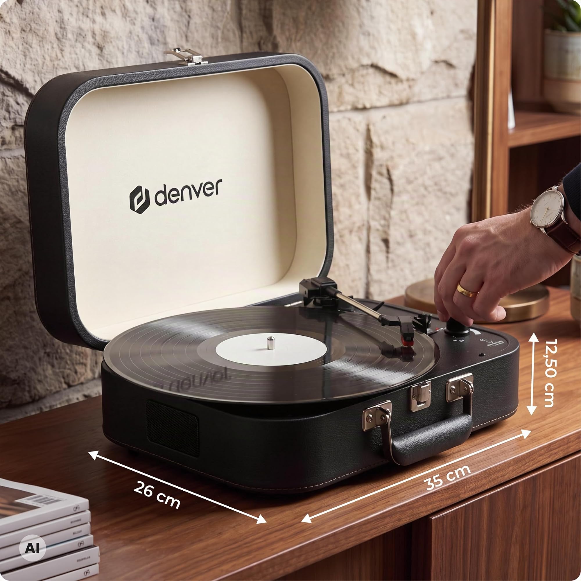 Denver VPL-130DGR Platine Vinyle Valise, Enregistrement USB vers PC, Haut-parleurs intégrés, Sortie RCA, Gris foncé