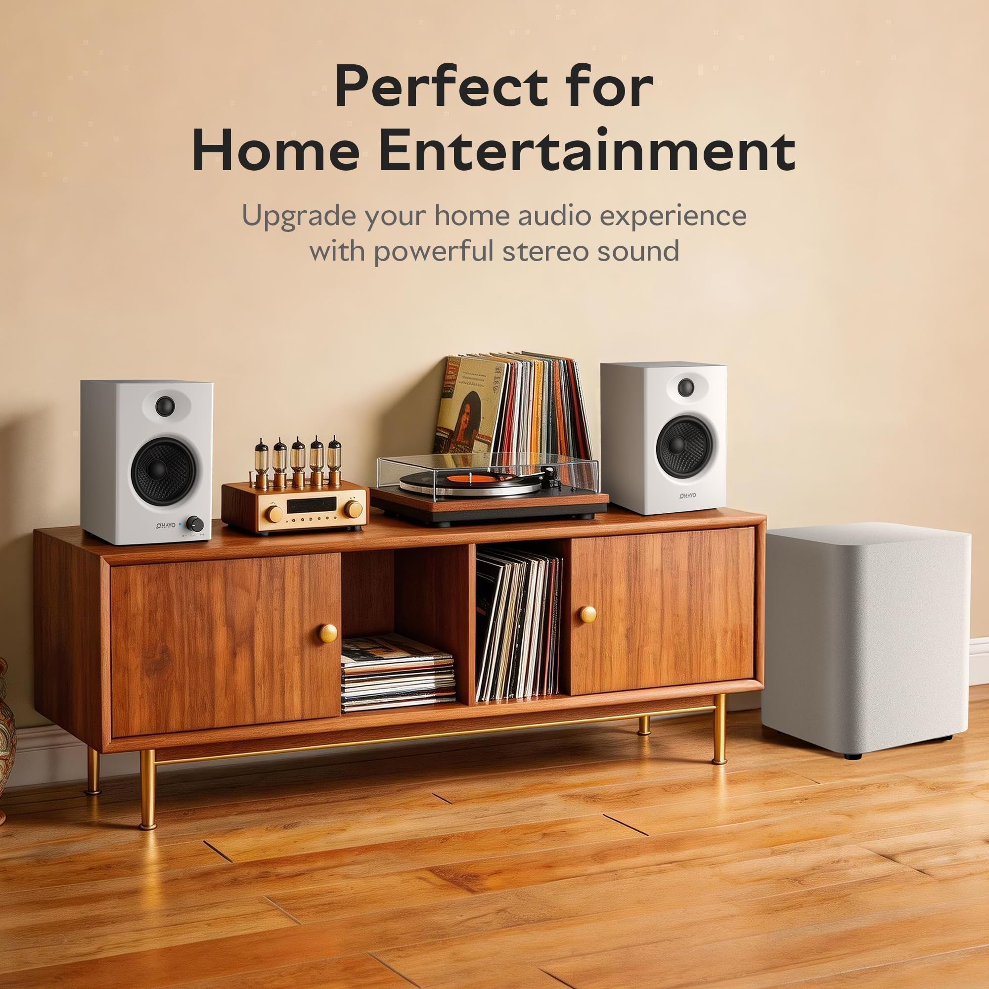 OHAYO Subwoofer da 60 W alimentato a bassa potenza, subwoofer attivo con amplificatore digitale di classe D integrato, bassi profondi, piedini antivibrazioni, alloggiamento compatto in legno per casa
