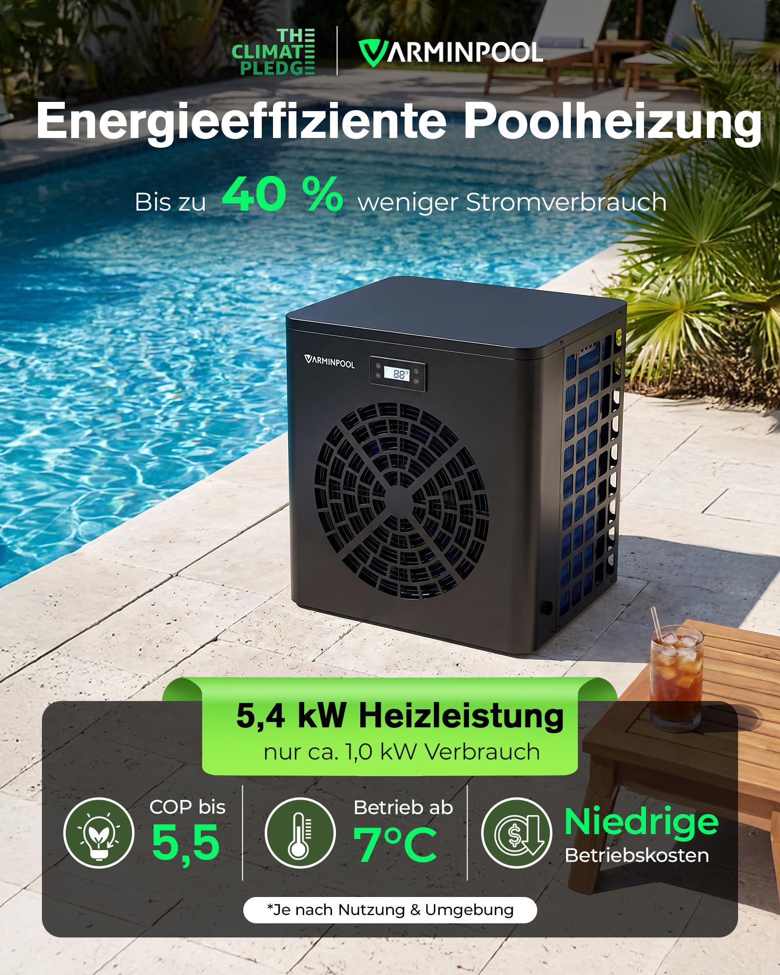 Pompa di calore per piscina, 5,4 kW, a risparmio energetico, per piccole piscine fino a 20 m³, COP 5,5, silenziosa, scambiatore di calore in titanio, controllo tramite app, facile