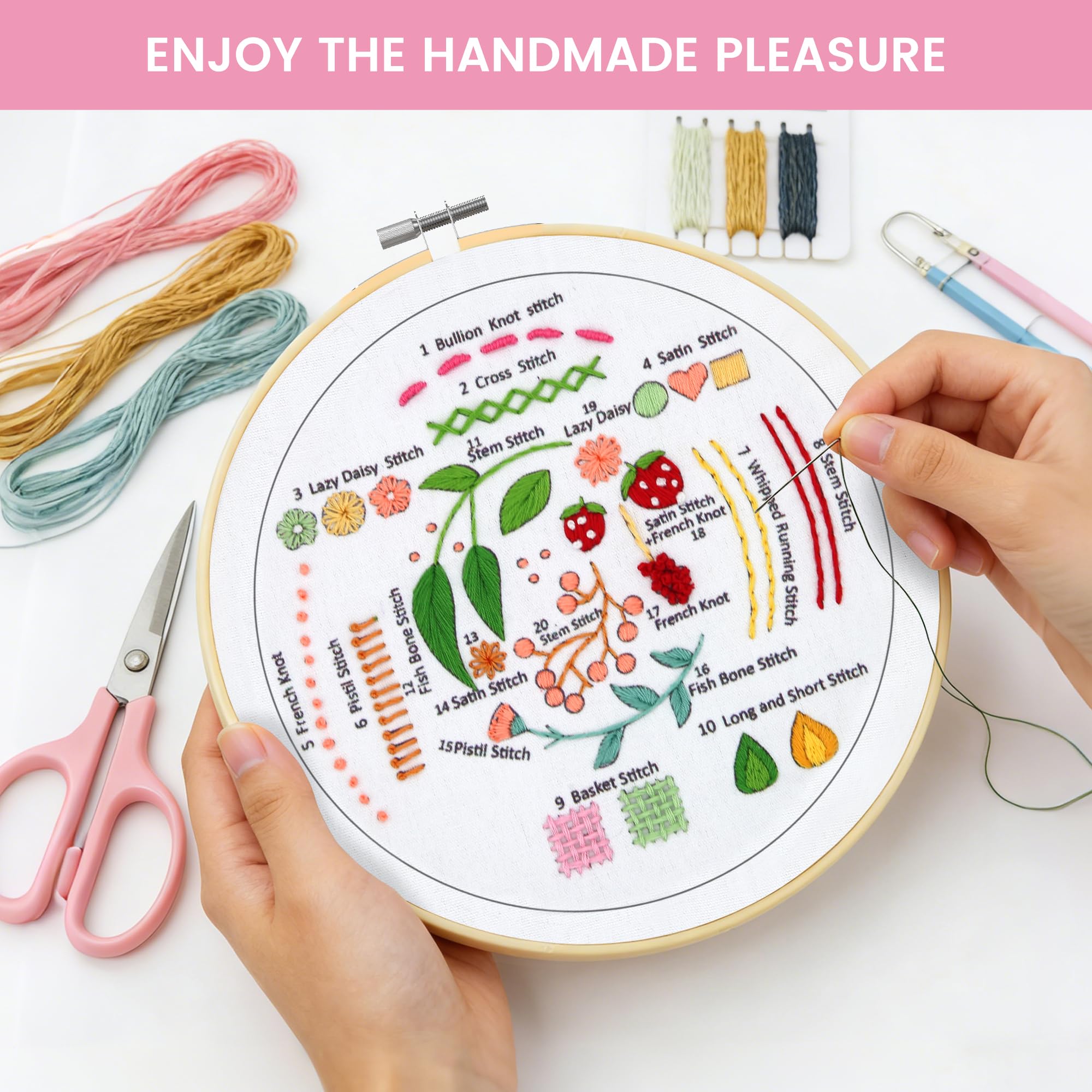 MAKEASY Set da Ricamo, Kit di Base per Ricamo, Include 33 Punti, Telaio per Ricamo in Bambù e Tutorial Video, Strumenti per Punto Croce per Adulti Principianti
