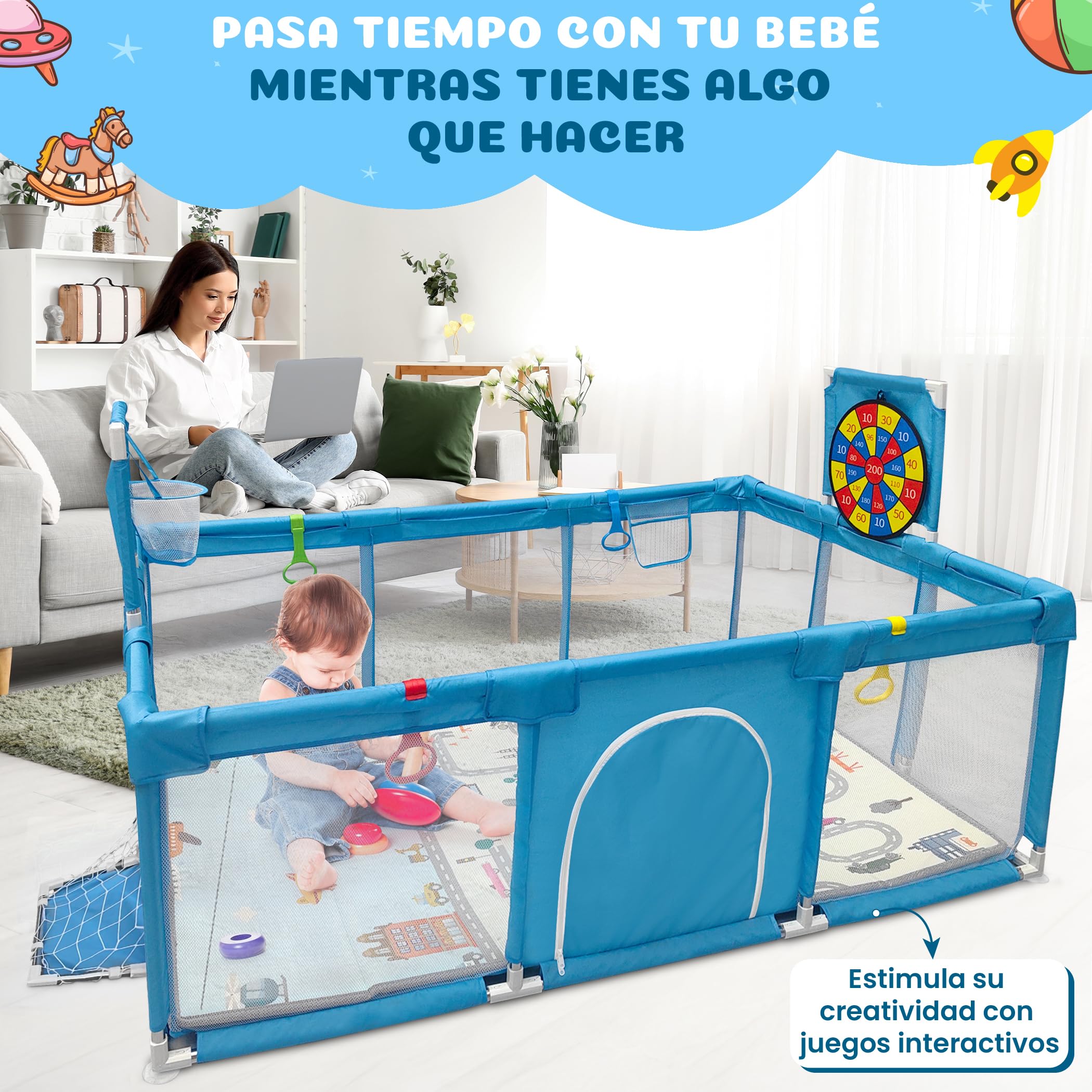 BabyJoy Parque Infantil Bebe 120x180cm - Corralito Bebe Acolchado y Equipado con Diana de Velcro, Canasta, Portería y más accesorios. Parque para Bebes Seguro, Amplio y Divertido