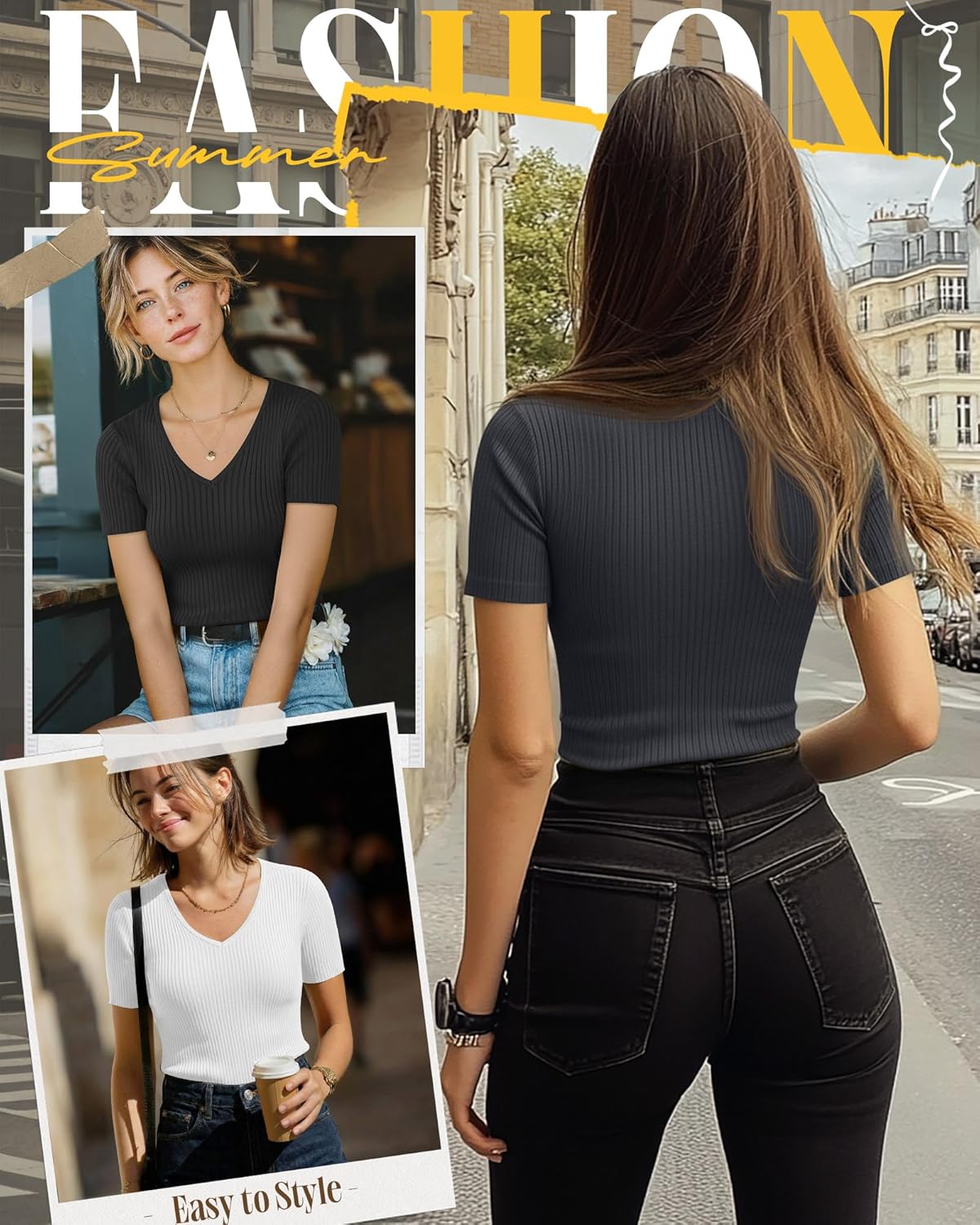 Neer 4 Pack Women's V Neck T-Shirts Cotton Short Sleeve Ribbed Slim Fit Tops Casual Summer Basic Tee Multipack - Image 3