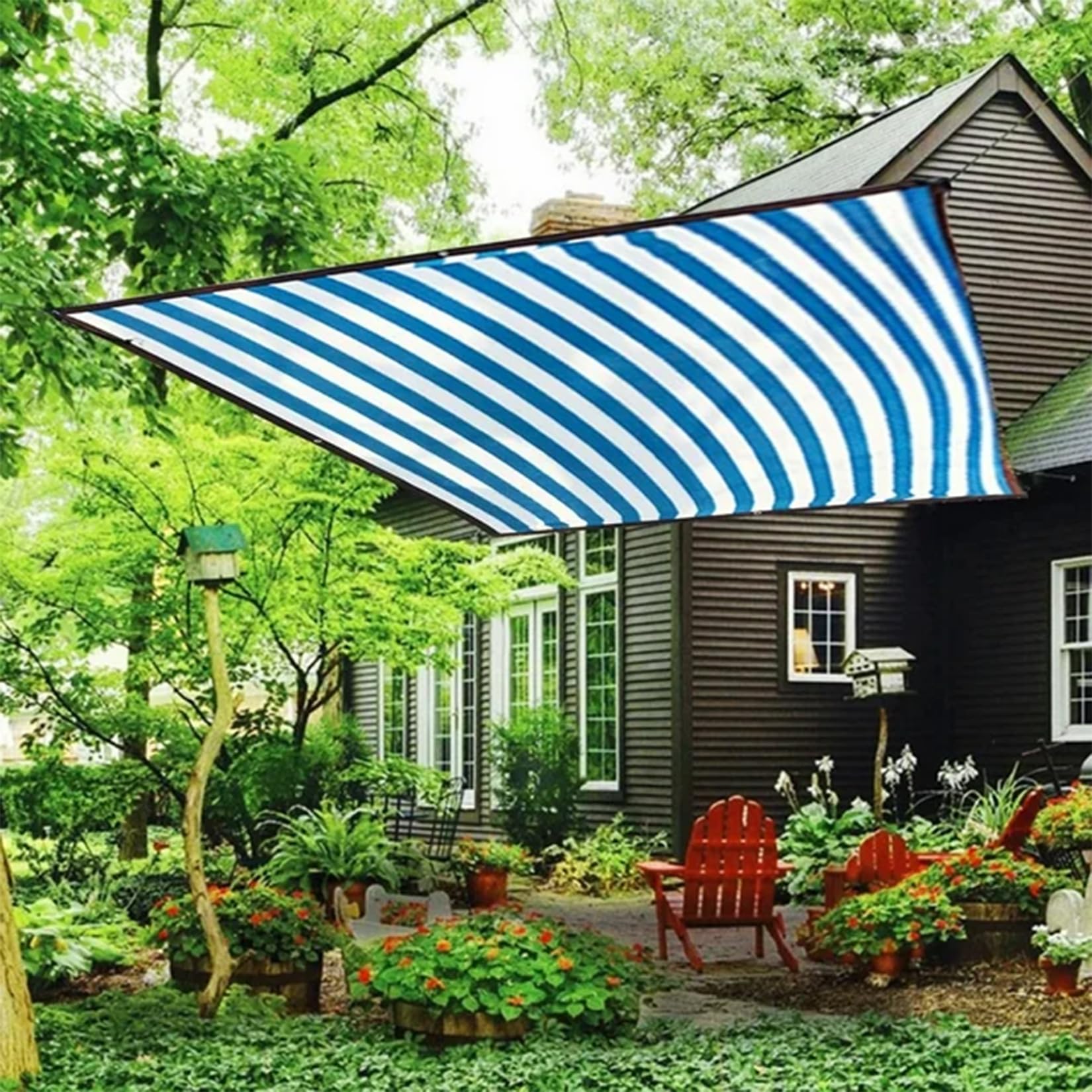 Segeltuch mit ösen und Befestigungsseile - 10x10m - 65% Beschattungsrate, Kratzfest - Schattiernetz - Sonnensegel für Gewächshaus Garten Gemüseg, Blaue Streifen