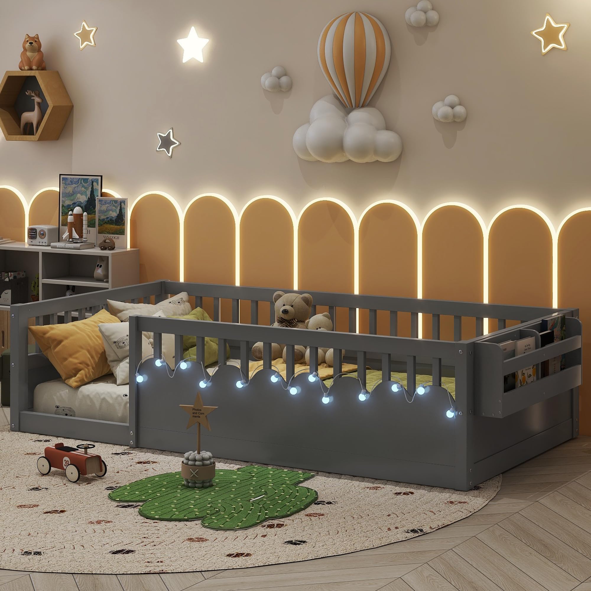 Duxelifin Twin Size Floor Bed Frame, Montessori Beds with High Rails and LED Light, Wood Twin Montessori Floor Bed with Storage Shelf and 2.7 Inch Gap