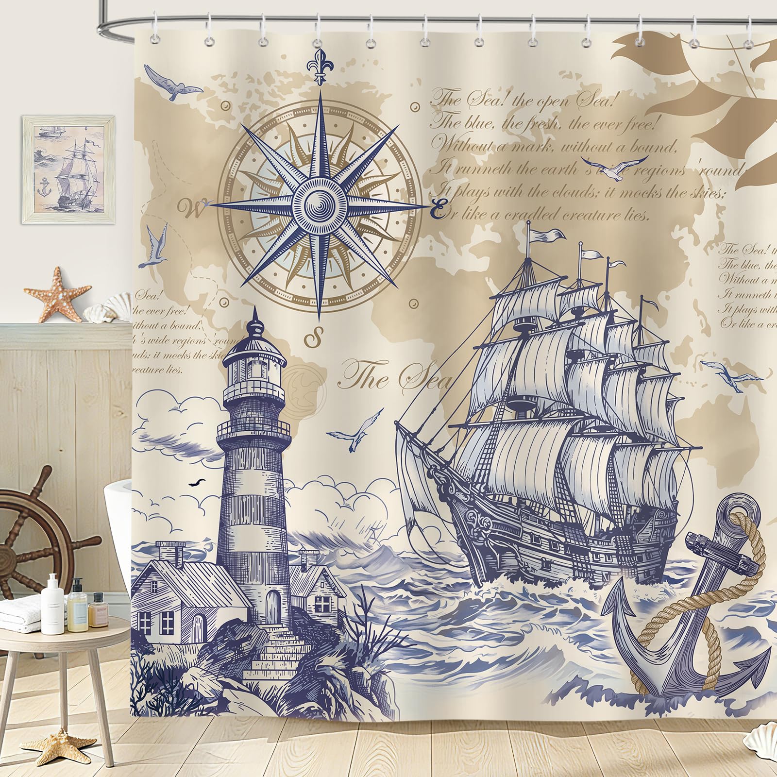 hometrixx Nautical Coastal Sailboat Compass Anchor Shower Curtain 72X72In