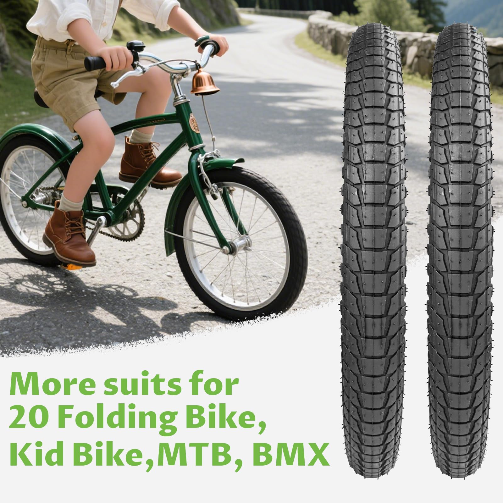 2-Set Faltbar 20 Zoll Fahrradreifen 20x1.95/2.1/2.25 Mantel mit 2-Pack Schlauch 50/53/57-406 Bike Tires Fuer MTB/BMX