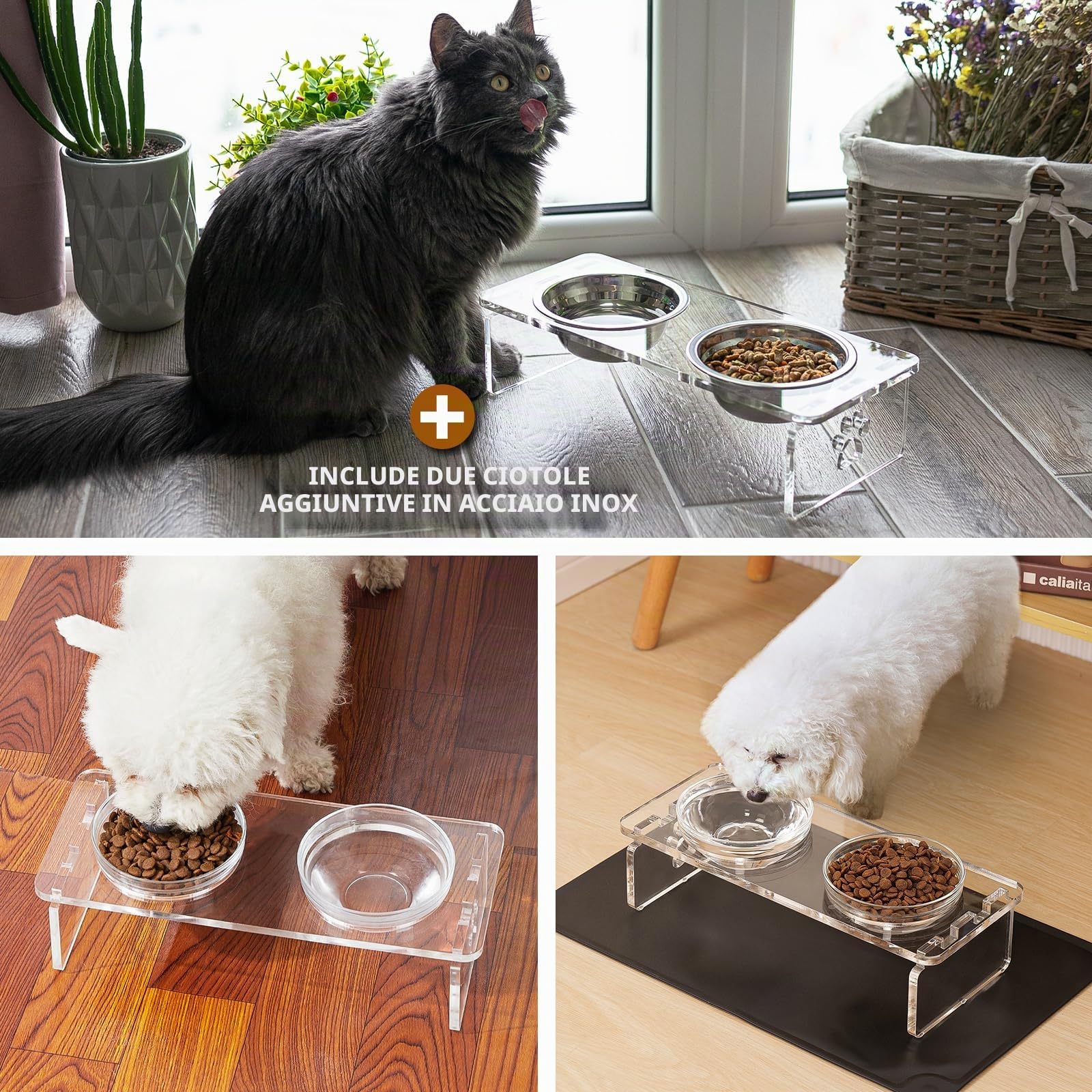Set di ciotole rialzate per cani e gatti, supporto per mangiatoia in acrilico con 2 set di ciotole rimovibili in acciaio inossidabile e vetro per cibo e acqua, per piccoli animali domestici, 9,5 cm